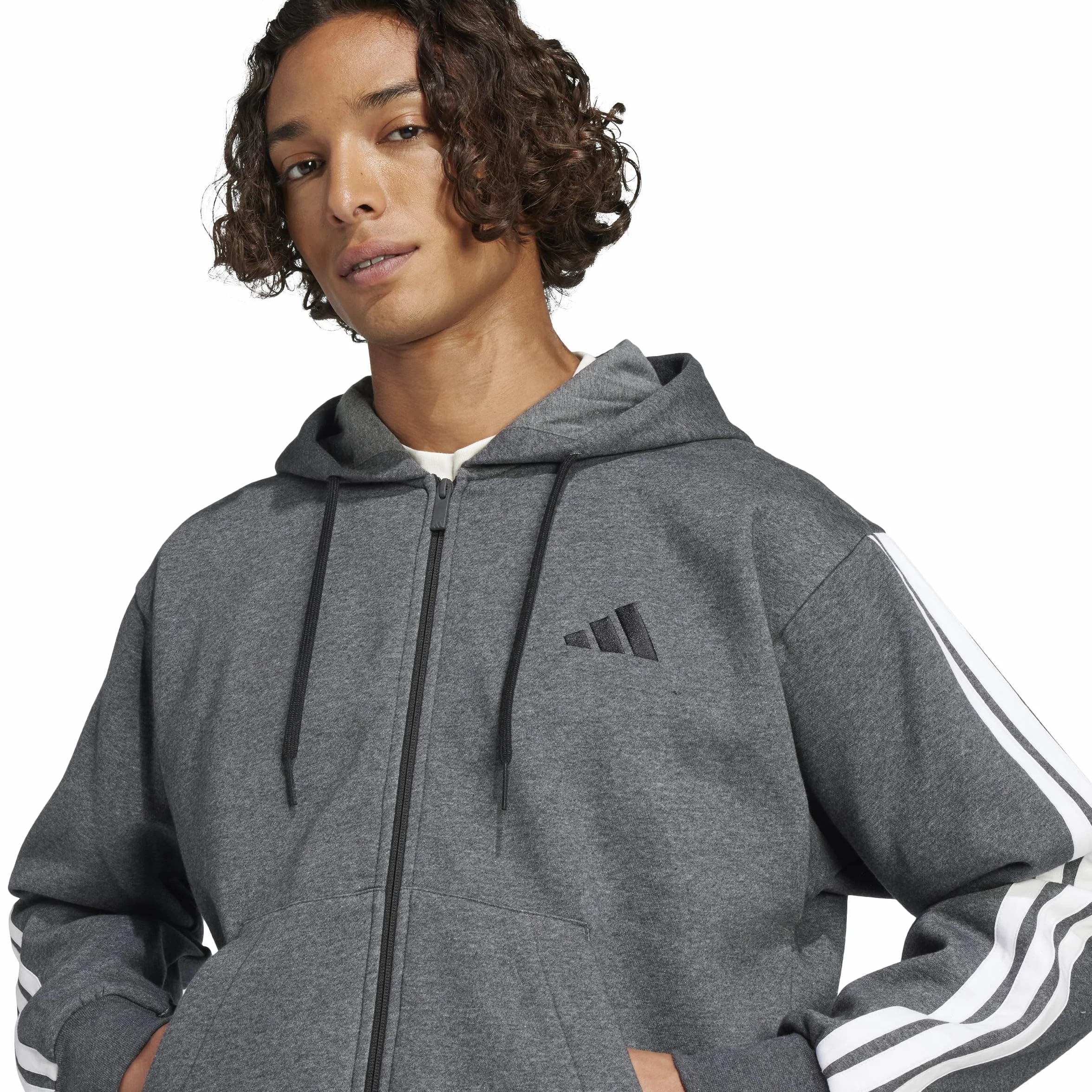 adidas Mezczyzni Essential Three Stripes Fleece Zipper Hoodie Sweatshirt, dark grey heather/black, XL