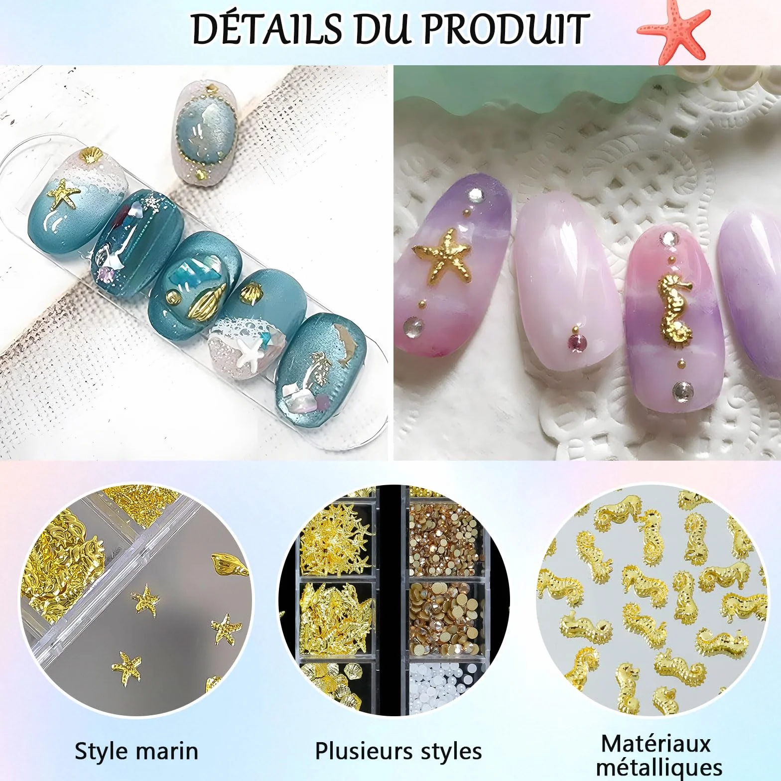 Dreamil Zawieszka do paznokci z motywem oceanu, złote zawieszki do paznokci, złote zawieszki 3D, do samodzielnego zdobienia paznokci, manicure na wesela, imprezy plażowe.