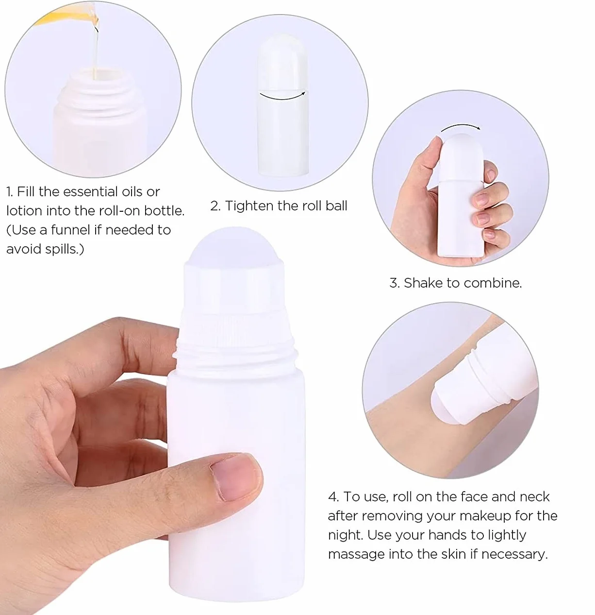 Voarge 4 puste butelki z tworzywa sztucznego, 50 ml, z kulką rolkową do aromaterapii, olejków zapachowych, perfum i podróży (białe)