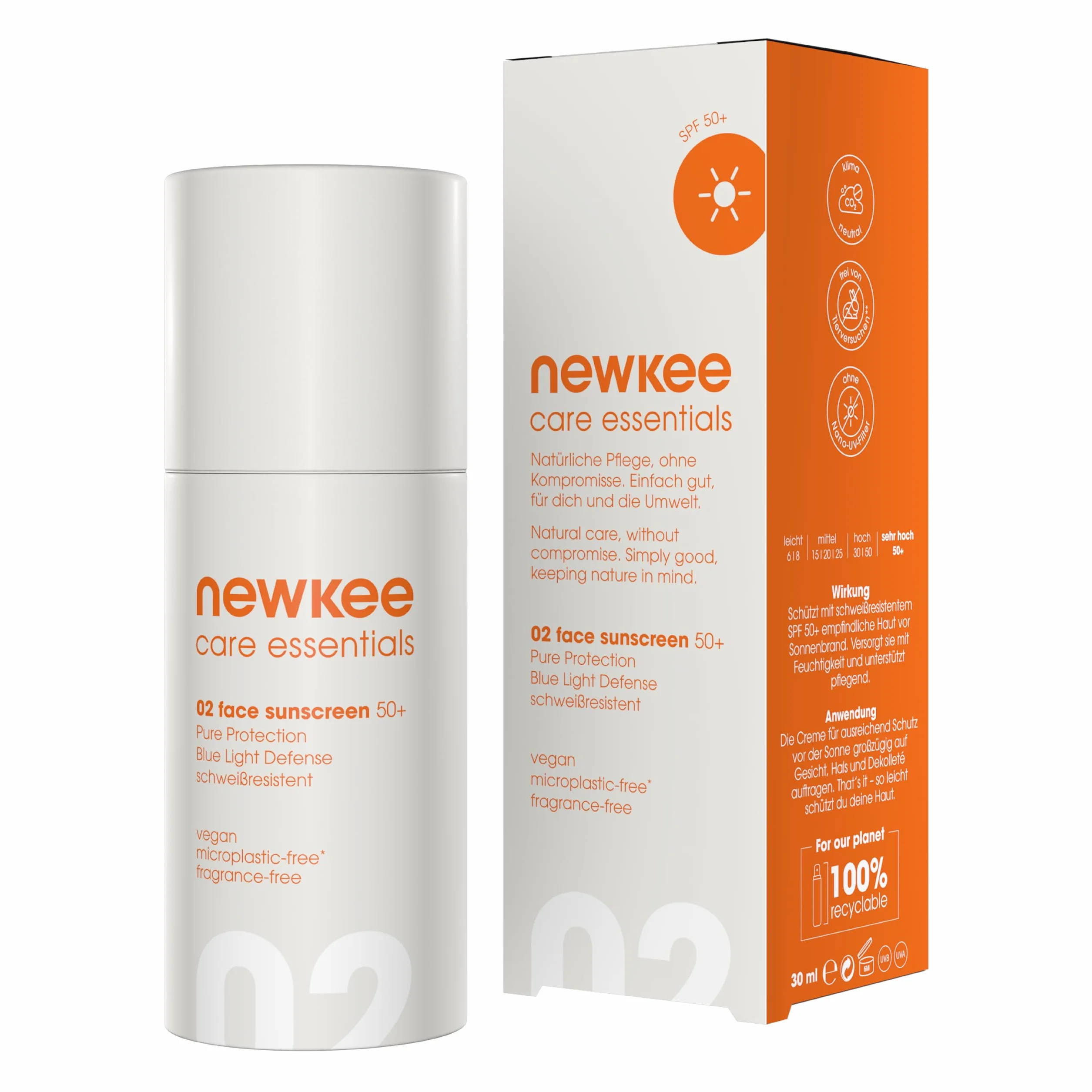newkee Krem przeciwsłoneczny do twarzy LSF 50+ (30 ml) wodoodporny filtr przeciwsłoneczny, natychmiastowa ochrona, idealny do uprawiania sportu, Skincare opracowany przez Manuel Neuer & Angelique
