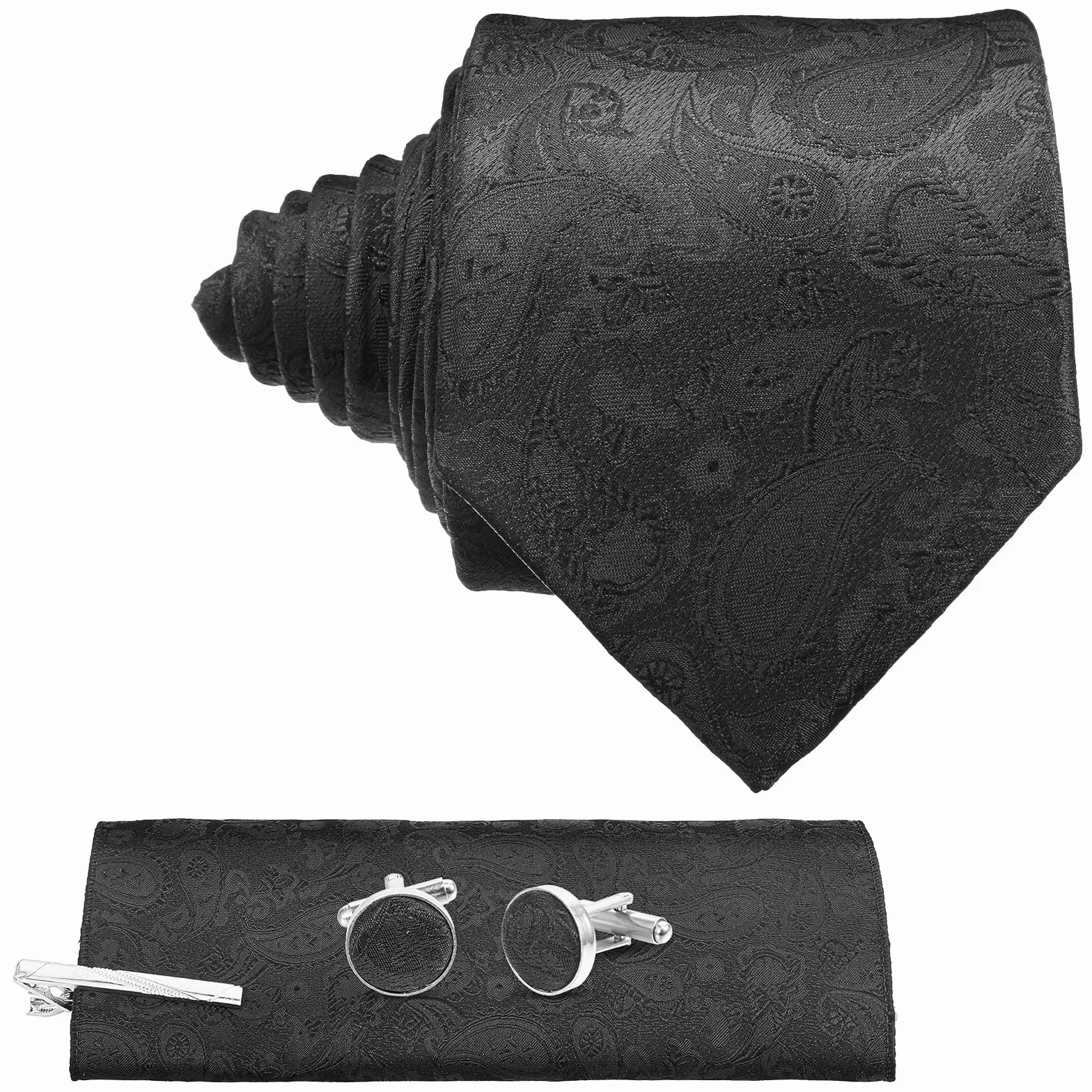 Męski zestaw krawatów ze wzorem Paisley, formalny krawat z poszetką, spinką do krawata i spinkami do mankietów, pasujący do garnituru, czarny poliester