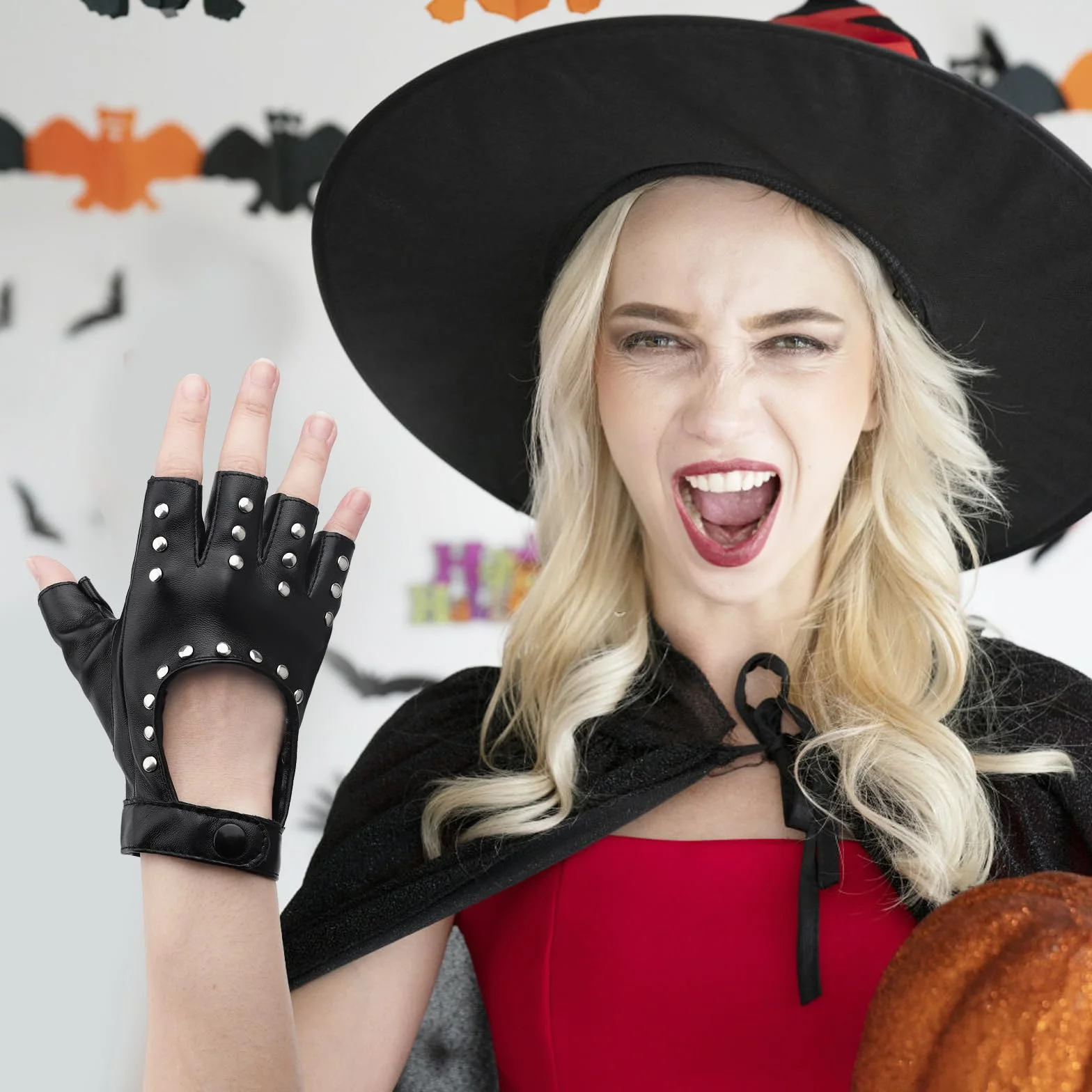 DAWRIS 1 Para Punk Rękawiczki Bez Palców PU Skórzane Rękawiczki Bez Palców Damskie Punkowe Nity Rękawiczki dla Dorosłych Hip Hop Halloween Cosplay Karnawał Kostium Wydajność