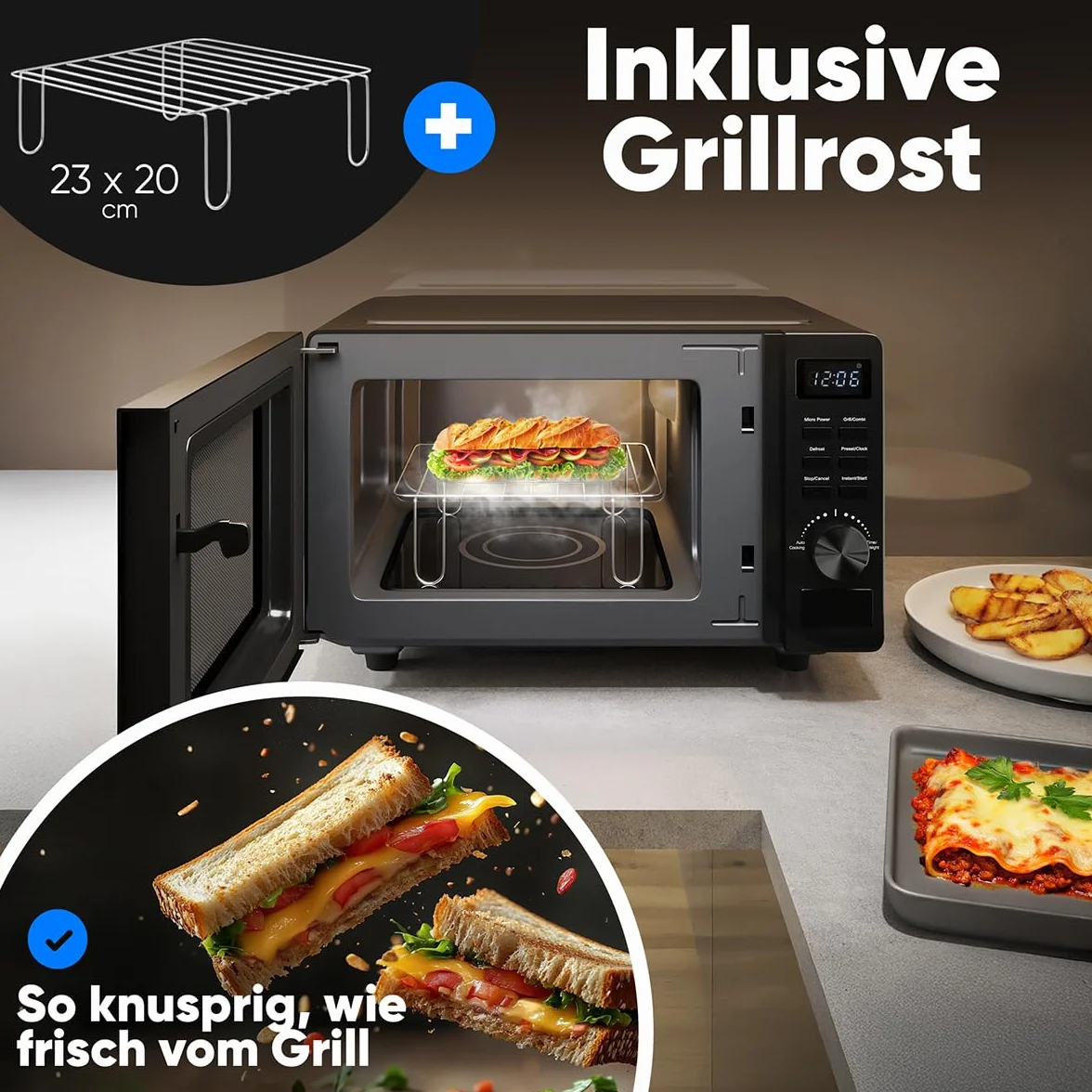 ProfiCook kuchenka mikrofalowa z grillem, 20 l, kuchenka mikrofalowa bez talerza obrotowego dla równomiernego rozprowadzania ciepła, czarna kuchenka mikrofalowa z timerem i funkcją rozmrażania, w