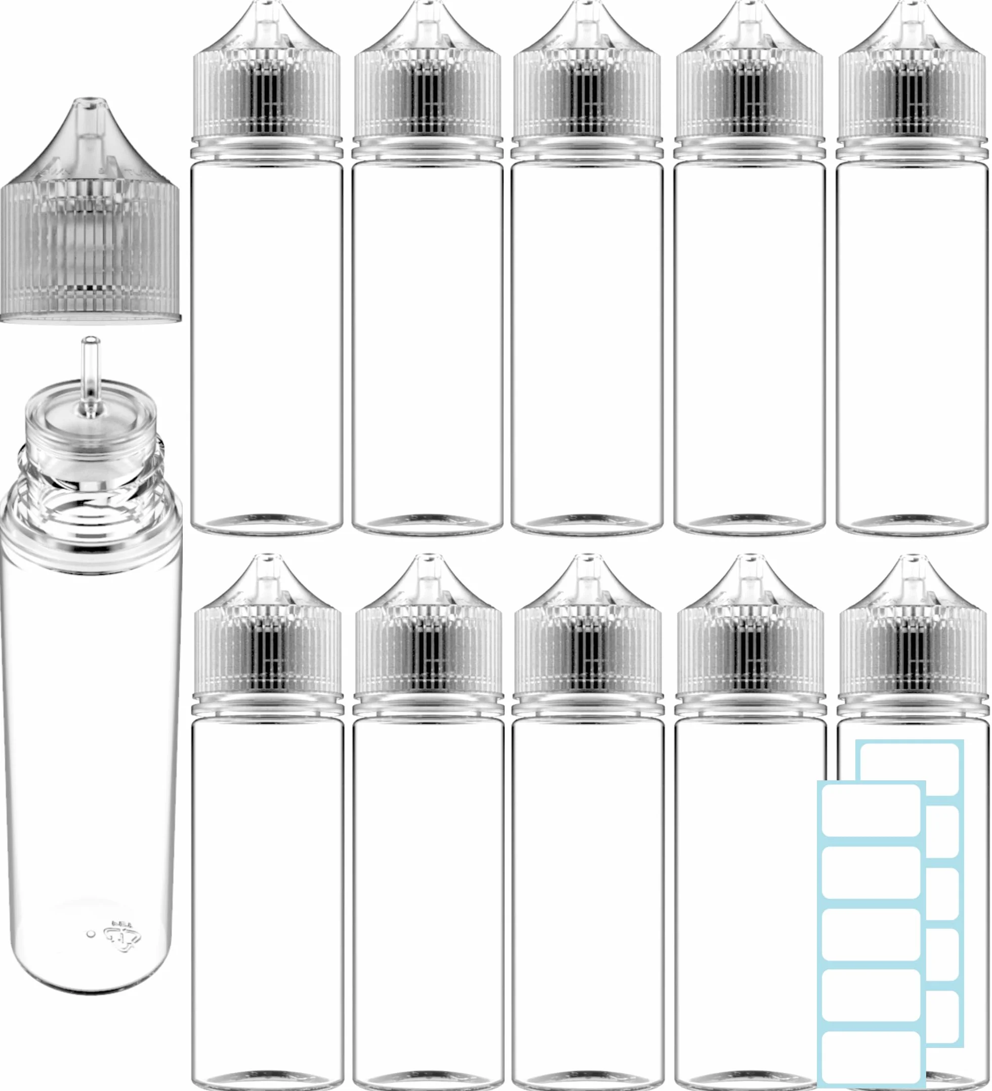 10 Butelek x 60 ML Fiolki Pusta butelka na płyn E Jednorożec Stożkowa nakrętka + 10 etykiet 60ML zakraplaczem Elektroniczny papieros DIY Sos olejowy Nalewka Farba tuszowa