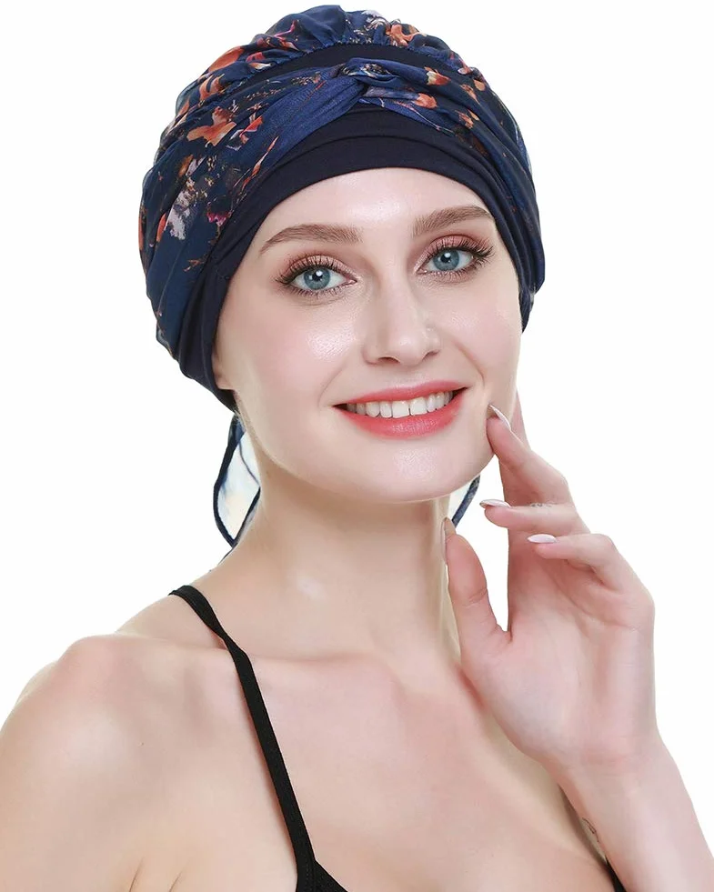 FocusCare chemo turban nakrycie głowy dla kobiet po chemioterapii chorych na raka, granatowy żółty, jeden rozmiar