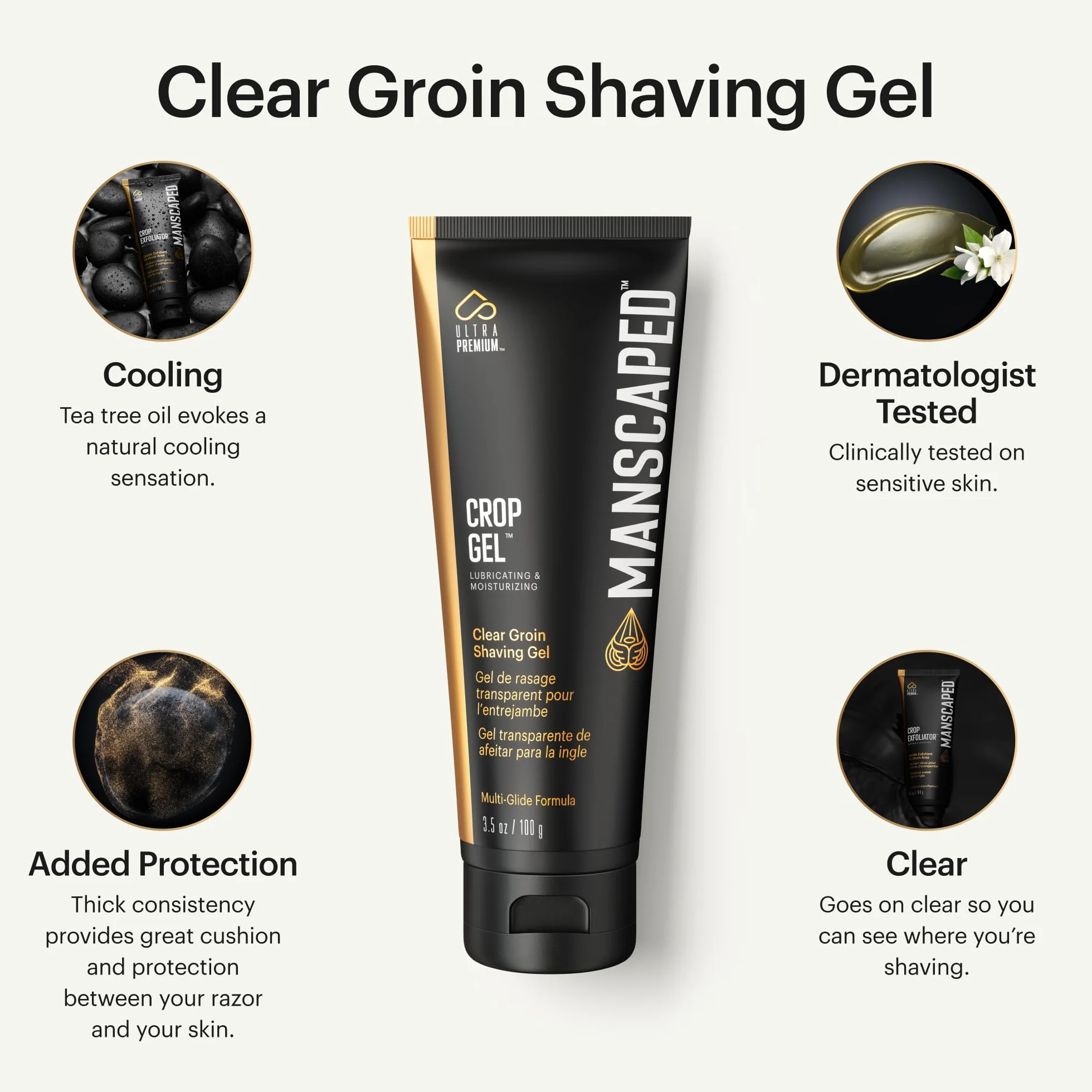 MANSCAPED® Crop Gel® Clear Żel do golenia pachwiny, nawilżająca i nawilżająca formuła Multi-Glide Zaprojektowana do przycinania poniżej talii, wegańska i bez parabenów (3,5 uncji)