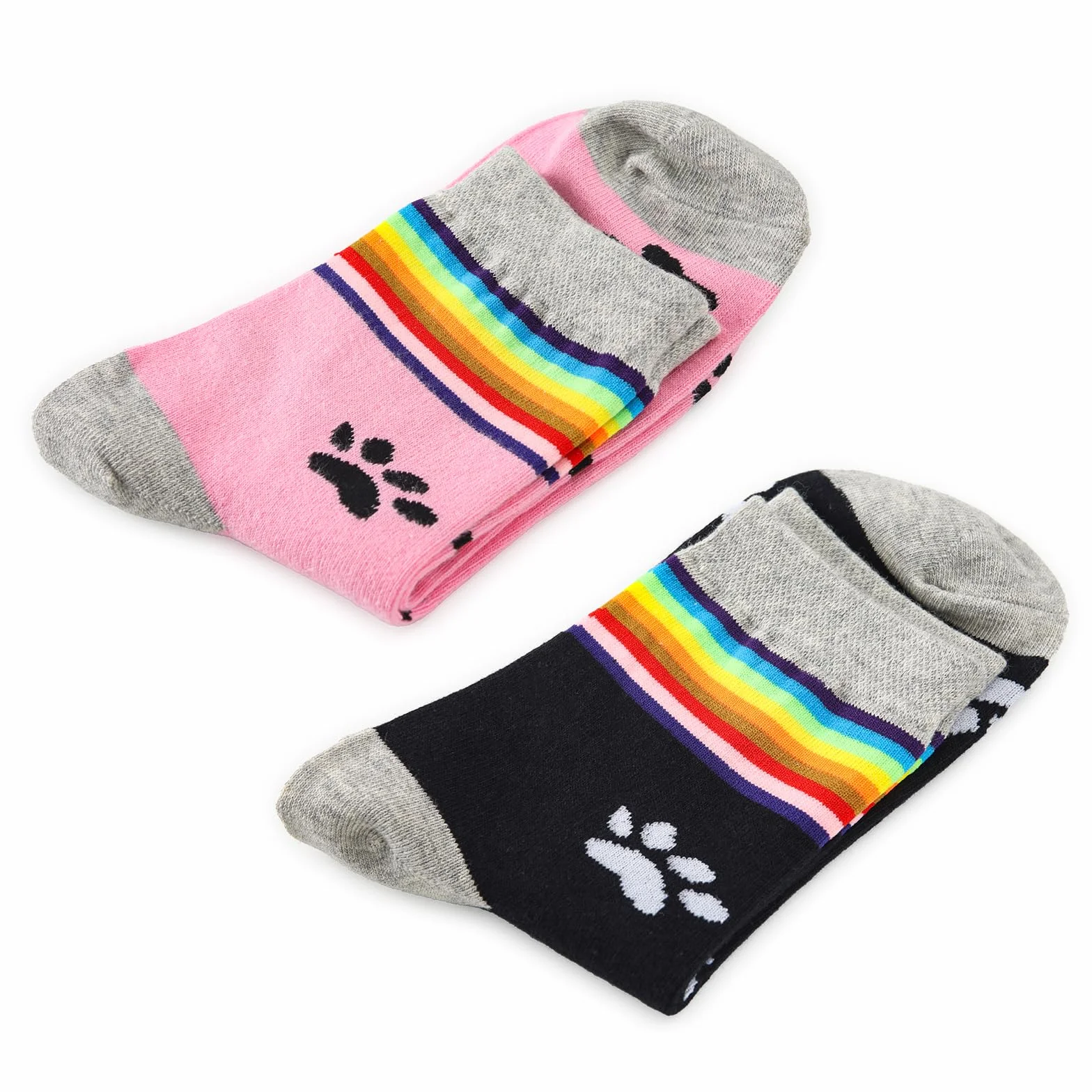 LittleForBig Rainbow Cuff Kitten Paw Bawełniane skarpety Mid Crew Zestaw 2 par - Różowo-Czarna Łapa i Czarno-Biała Łapa