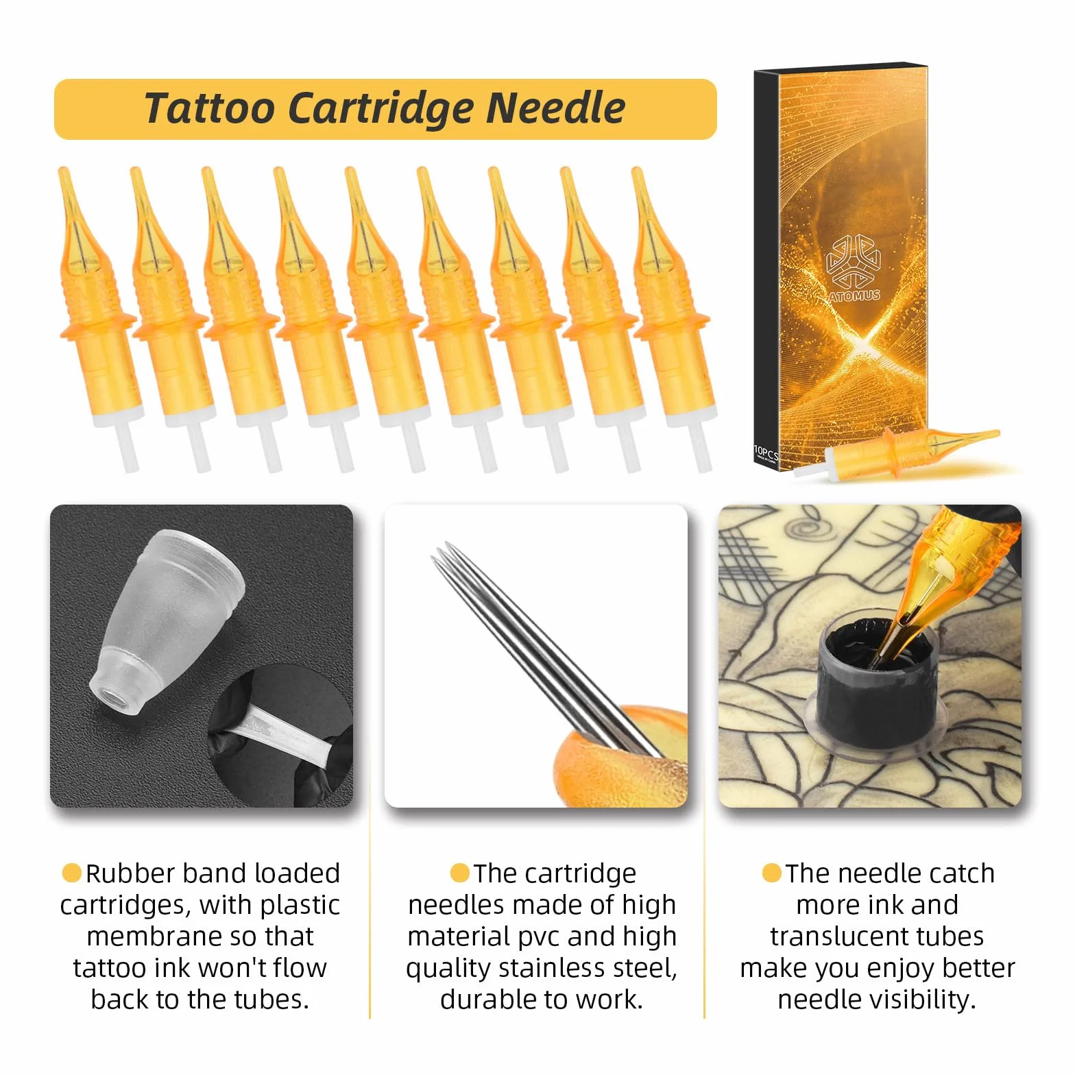 ATOMUS Professional Tattoo Pen Kit Rotary Tattoo Machine Kit 31.5mm Diameter Tattoo Gun 10pcs 3RL Cartridge Needles 50pcs M Ink cups