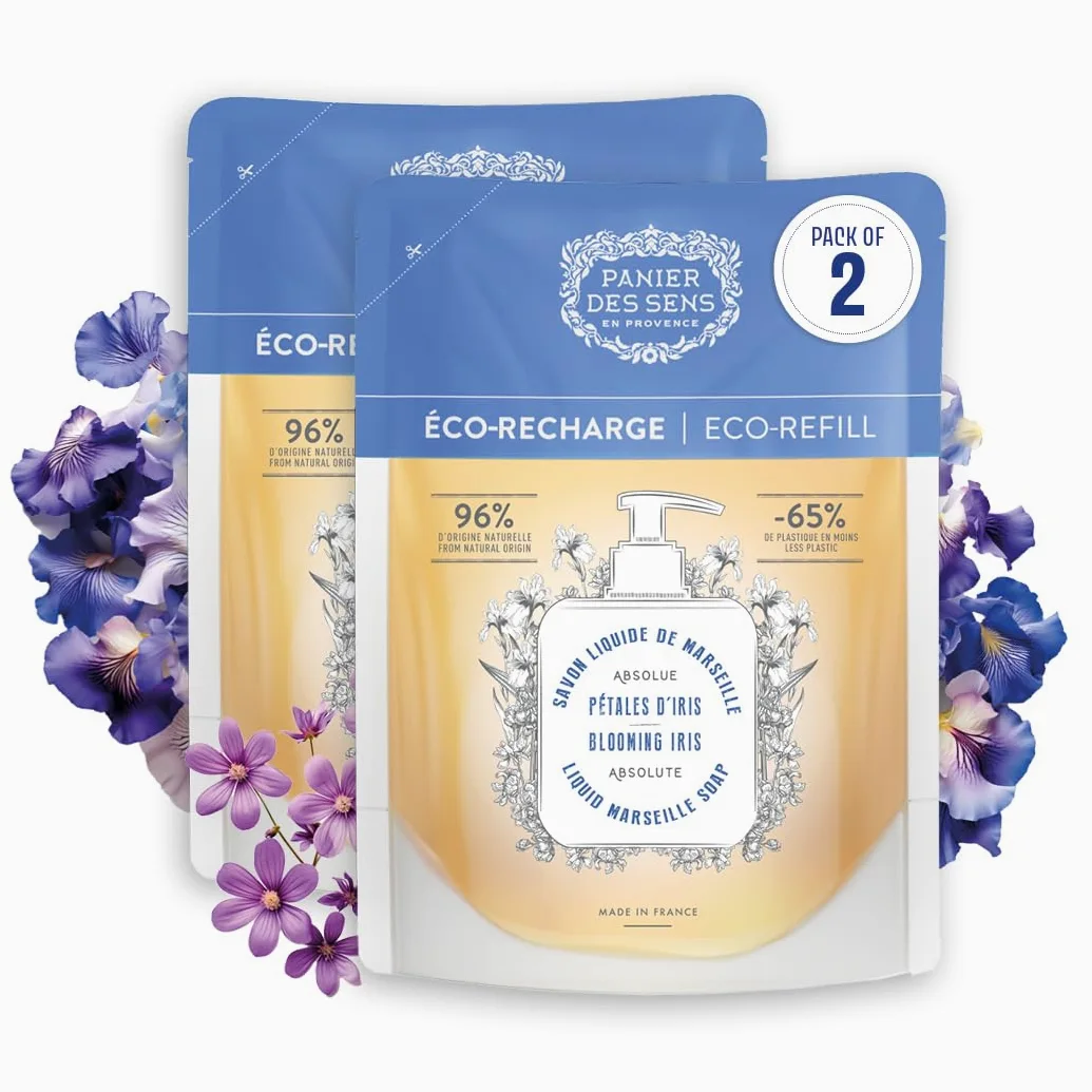 Panier des Sens 2 x 500 ml pachnące mydło w płynie do rąk – wkład uzupełniający, mydło marsylskie w płynie – wyprodukowane we Francji, 97% naturalny wkład do mycia rąk