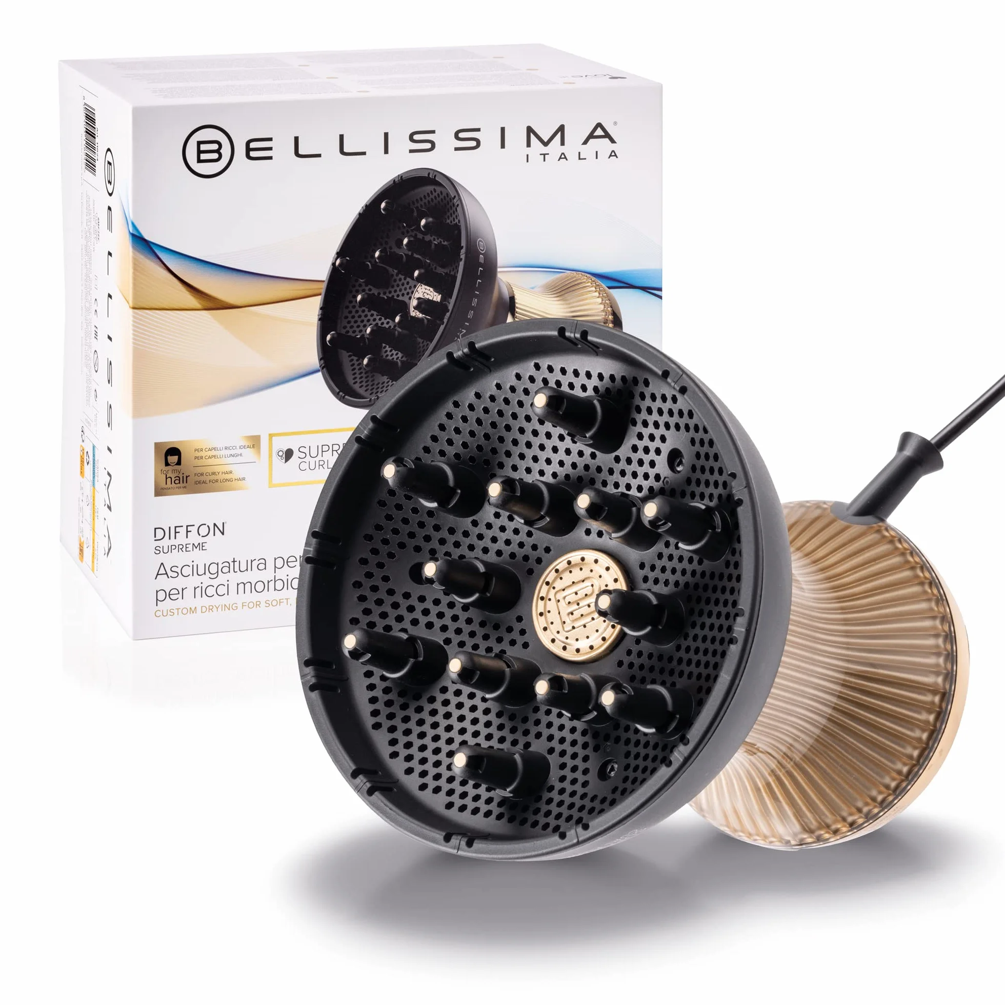 Bellissima 11824 Diffon Supreme, dyfuzor do włosów kręconych, dyfuzor XL z 12 palcami, technologia ceramiczna i olejek arganowy, 2 prędkości, 3 temperatury, jonizator, delikatnie schnący