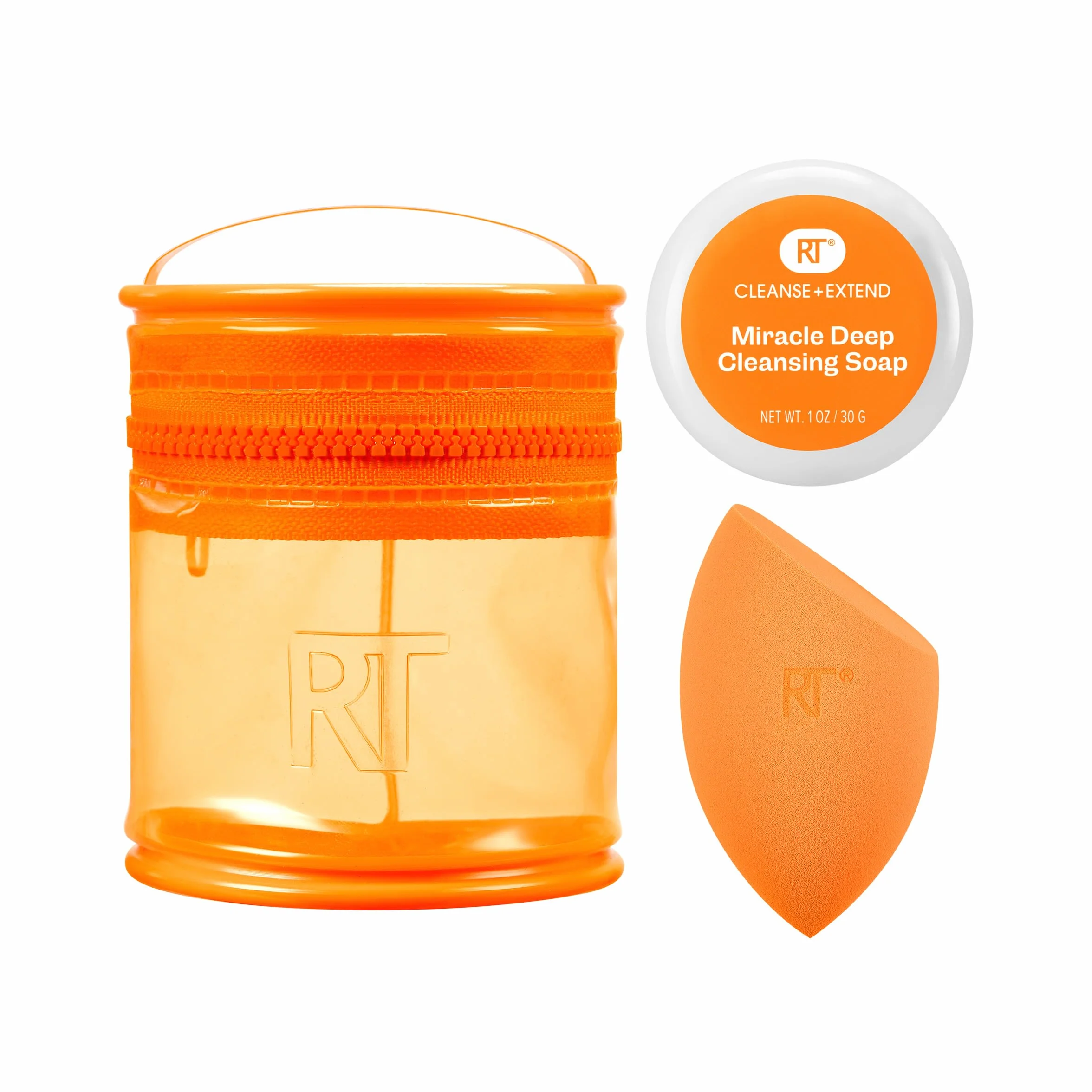 Real Techniques Miracle Blend + Cleanse 3 Piece Set, Makeup Sponge For Blending Foundation & Solid Soap For Deep Cleaning Sponges, Includes Travel Storage Tote, Cruelty-Free, & Latex-Free