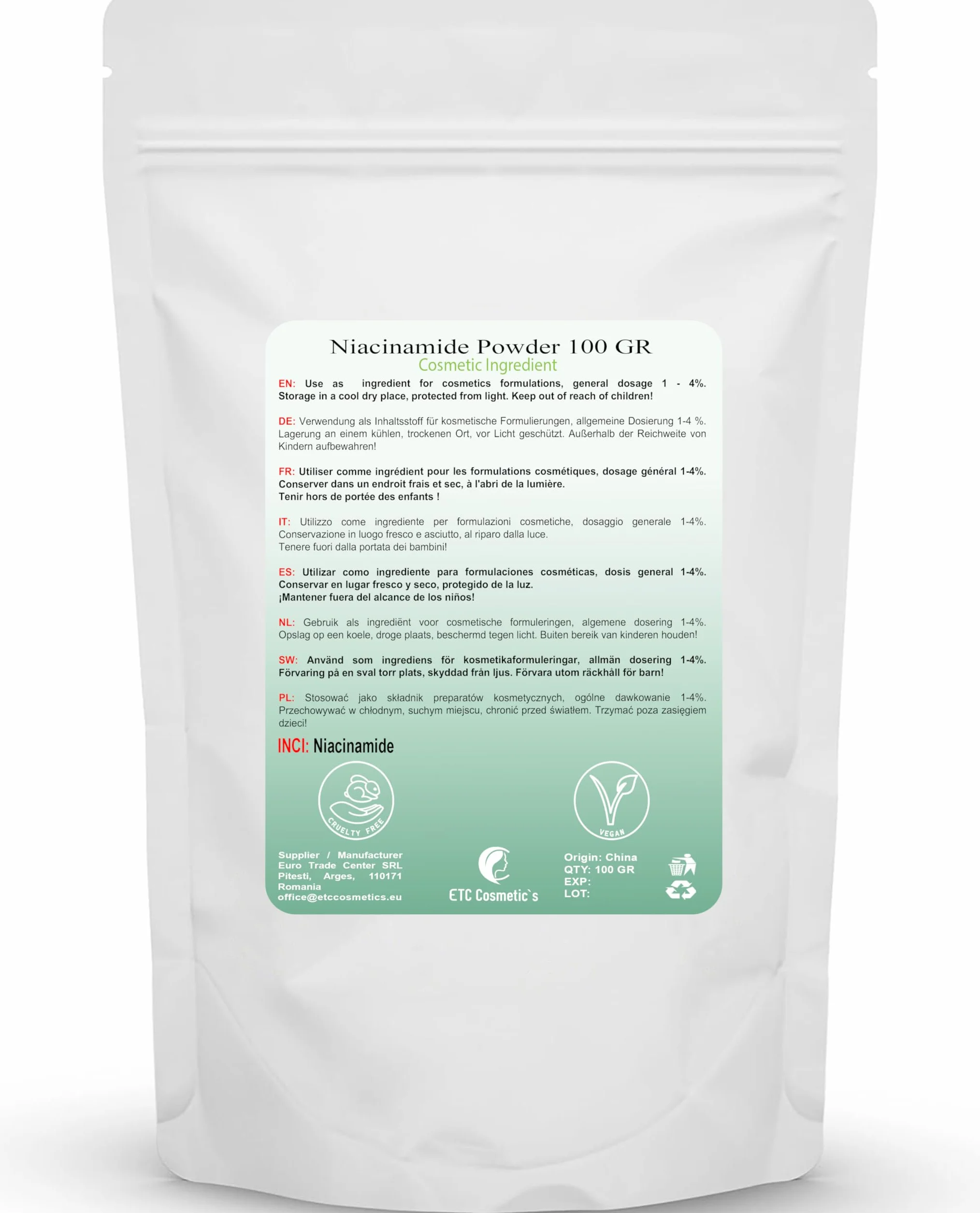 Niacinamide Powder 100g witamina B3 nikotynamid do pielęgnacji skóry i włosów