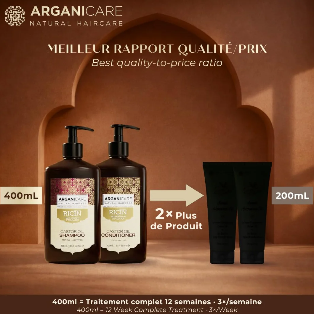 ARGANICARE | Zestaw Duo Ricin | Szampon + Odżywka Wzrost & Wzmocnienie | Wszystkie rodzaje włosów |.Siła i Nawilżenie | 2 x 400 ml