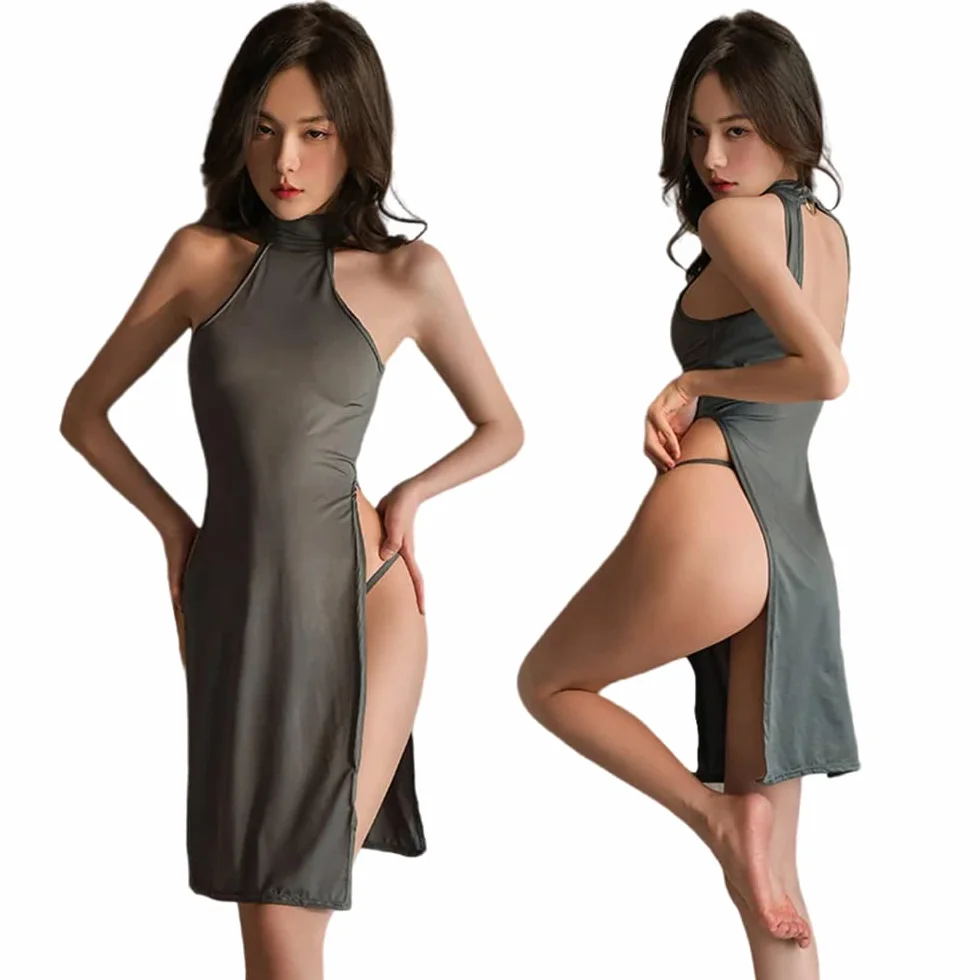 SINROYEE Damska seksowna bielizna nocna bez rękawów, mini Cheongsam, bielizna nocna, anime, cosplay, wysoki podział, sukienka klubowa, duży rozmiar