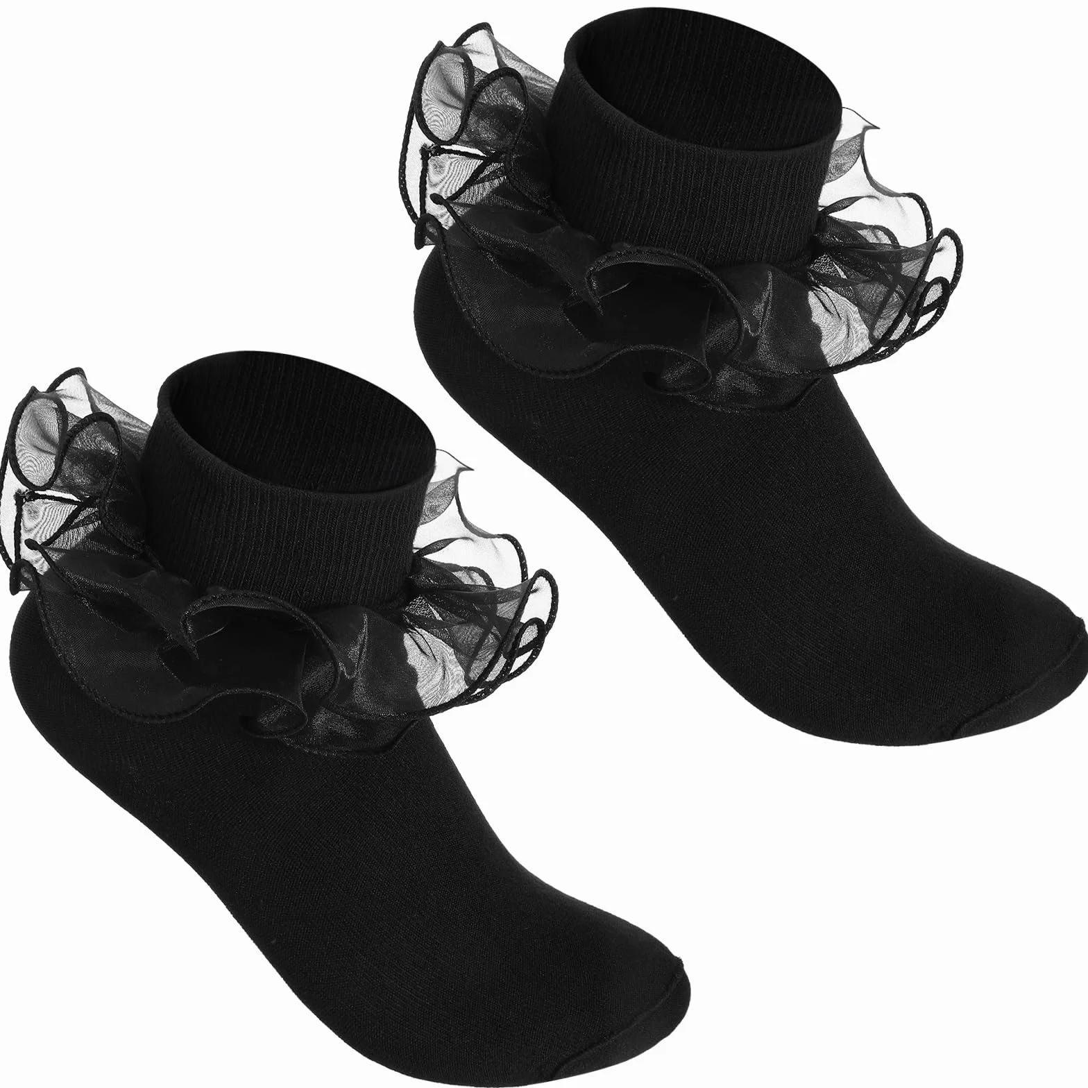 2 szt. eleganckich czarnych skarpet z falbankami dla kobiet, podwójne koronkowe skarpety z falbankami, składane, bawełniane, marszczone, do sukienki, Bobby, dla panny młodej, 2 szt