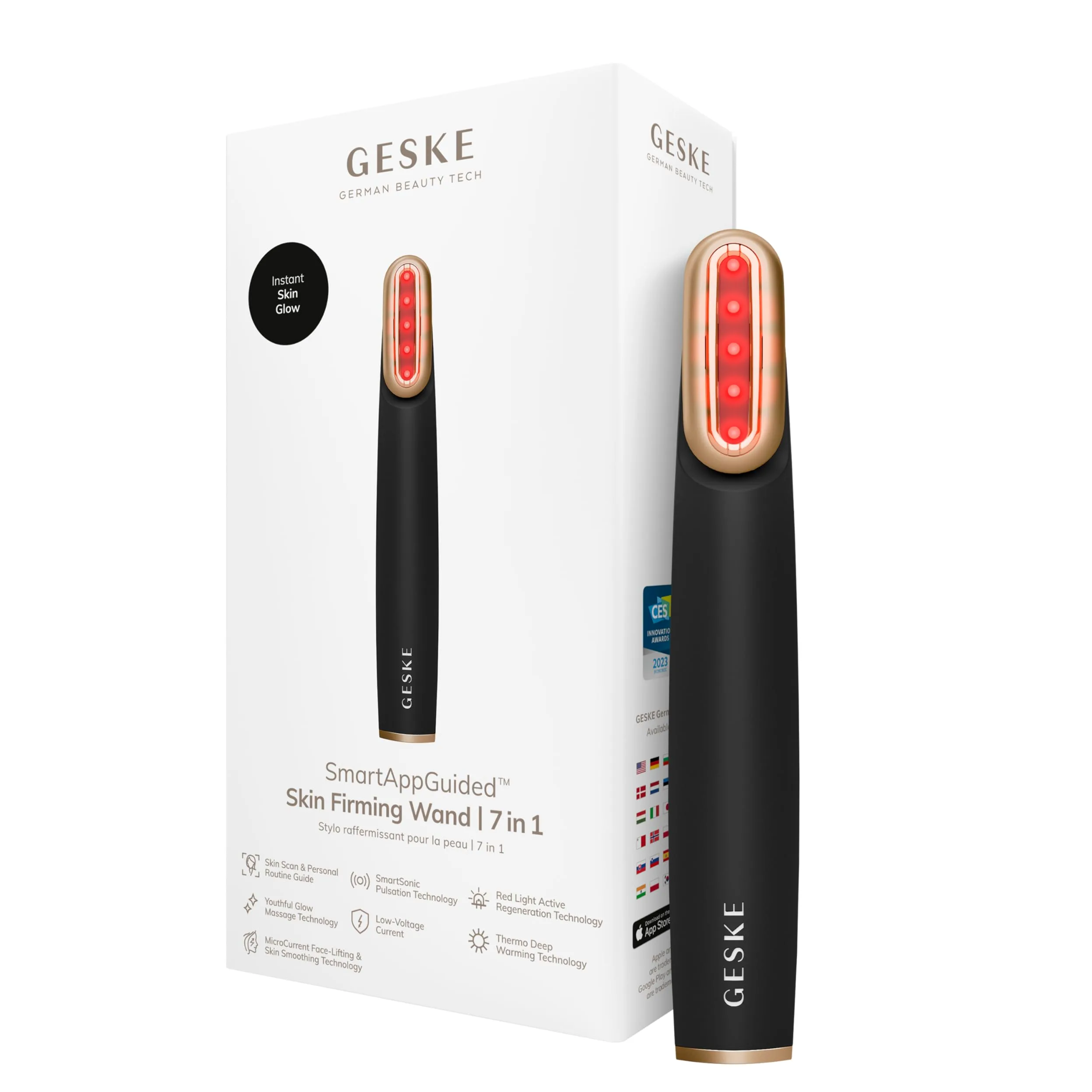 GESKE Skin Firming Wand 7 w 1 Urządzenie przeciwstarzeniowe Lifting twarzy mikroprądami Red LED Obrotowa głowica