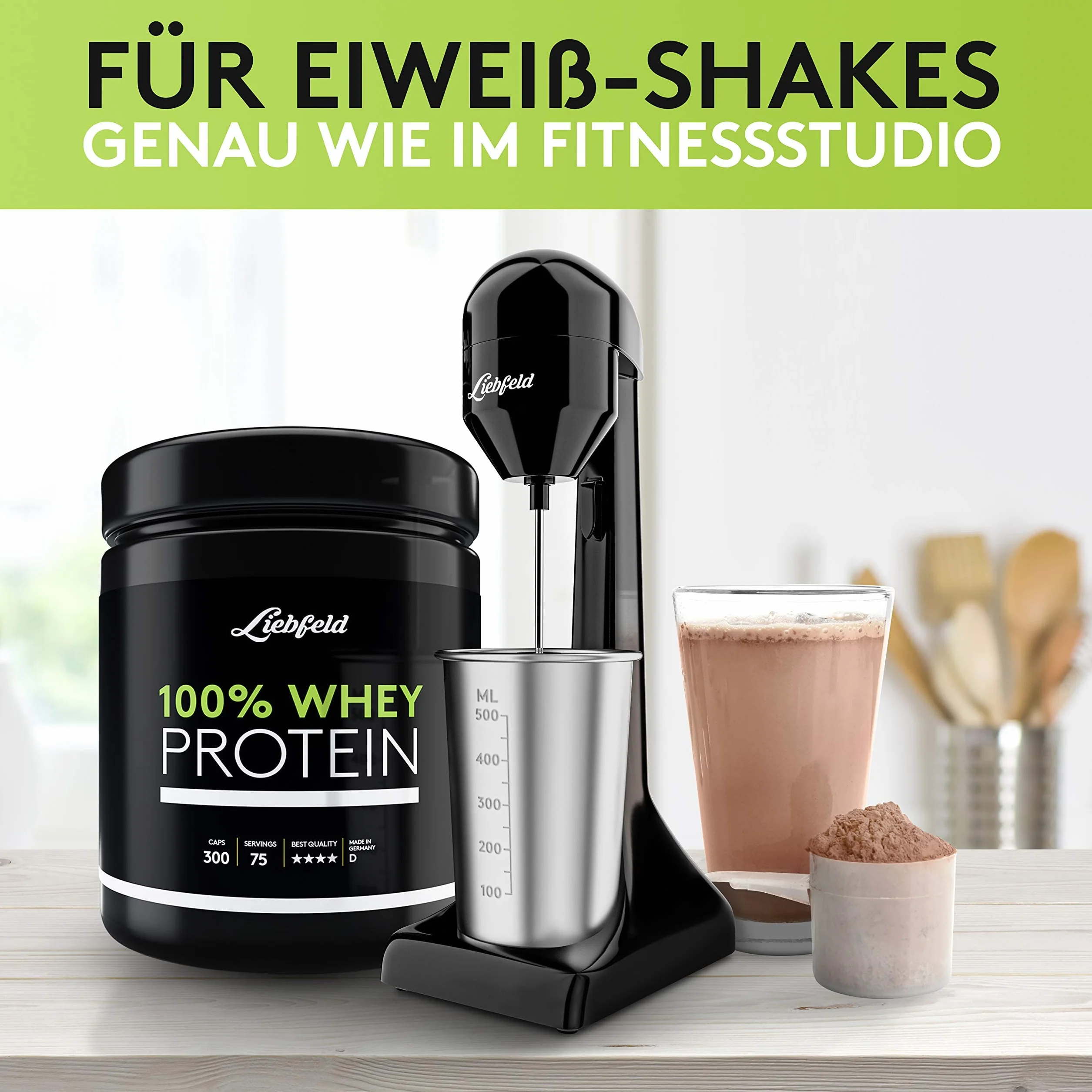 Liebfeld Elektryczny shaker proteinowy – blender ręczny z kubkiem ze stali nierdzewnej o pojemności 500 ml – shake proteinowy i koktajl mleczny, fitness, białko, frappe blender