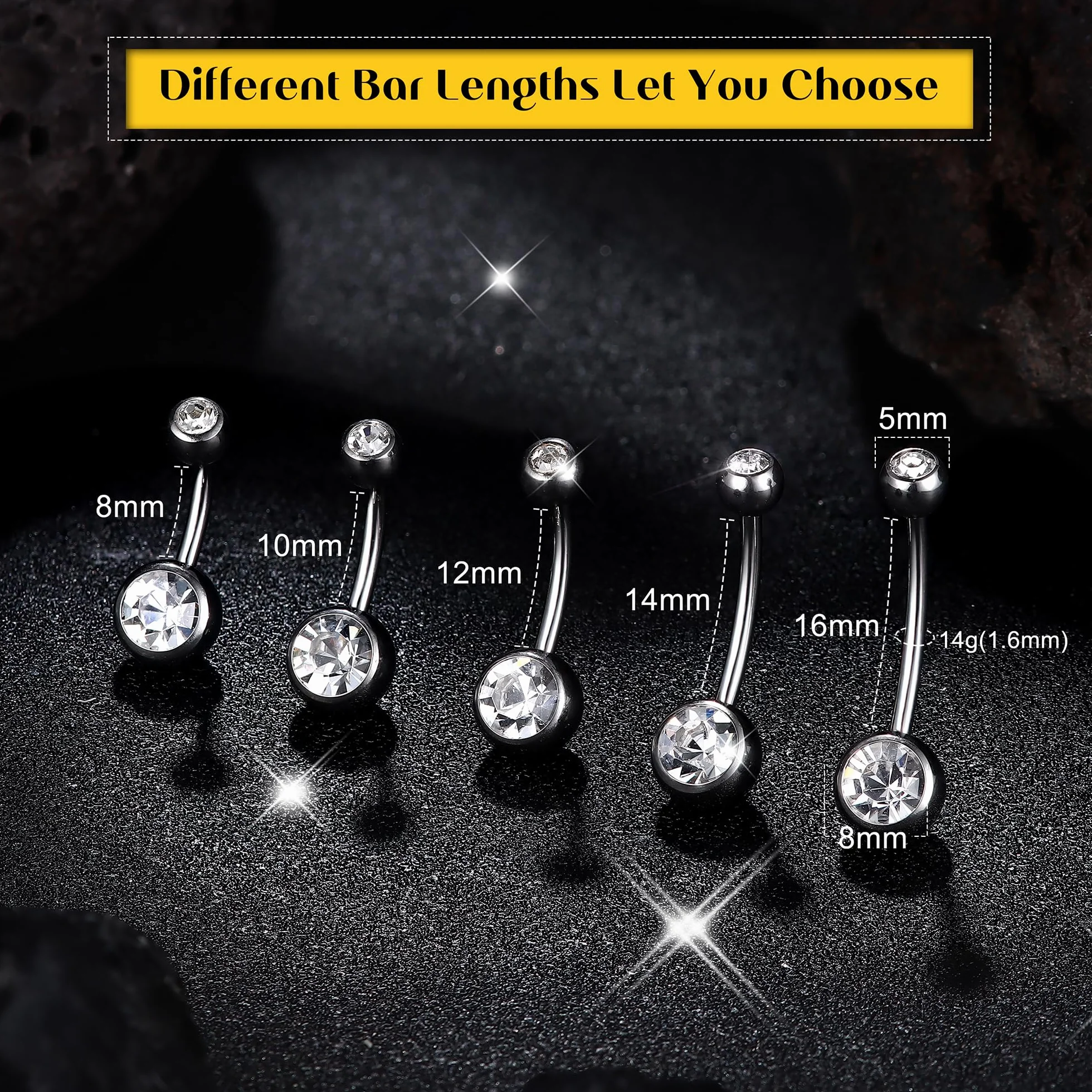 Diamday Brzuch G23 tytanowe pręty do pępka 14G hipoalergiczny piercing pierścienie do pępka błyszczące CZ kolczyk do pępka paski długie srebrne paski do pępka biżuteria 8/10/12/14/16 mm
