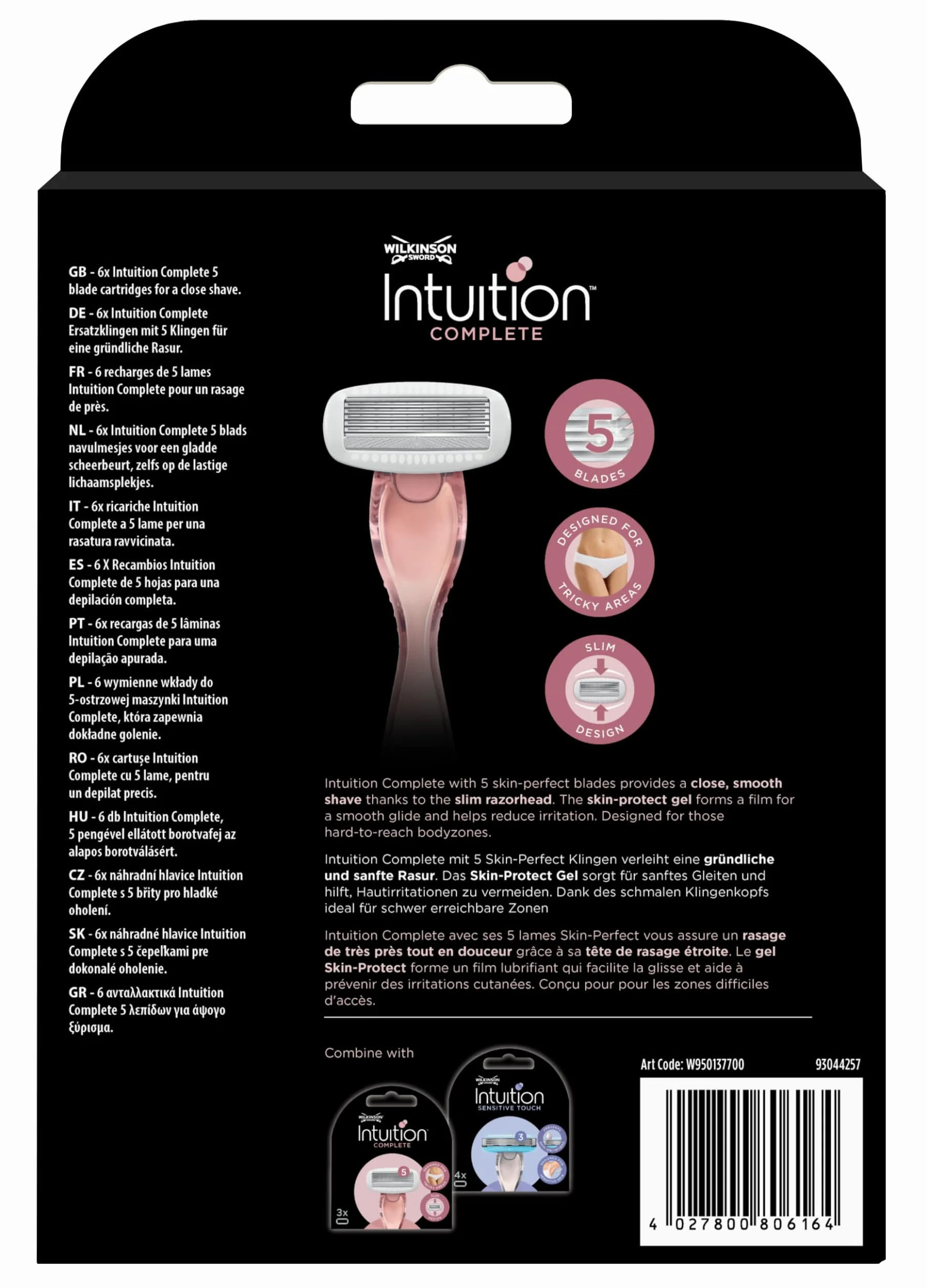 Wilkinson Sword - Intuition Complete XXL Pack - Golarki damskie - zestaw XXL z 1 maszynką do golenia + 6 ostrzami do uzupełniania - zawiera żel do ochrony skóry