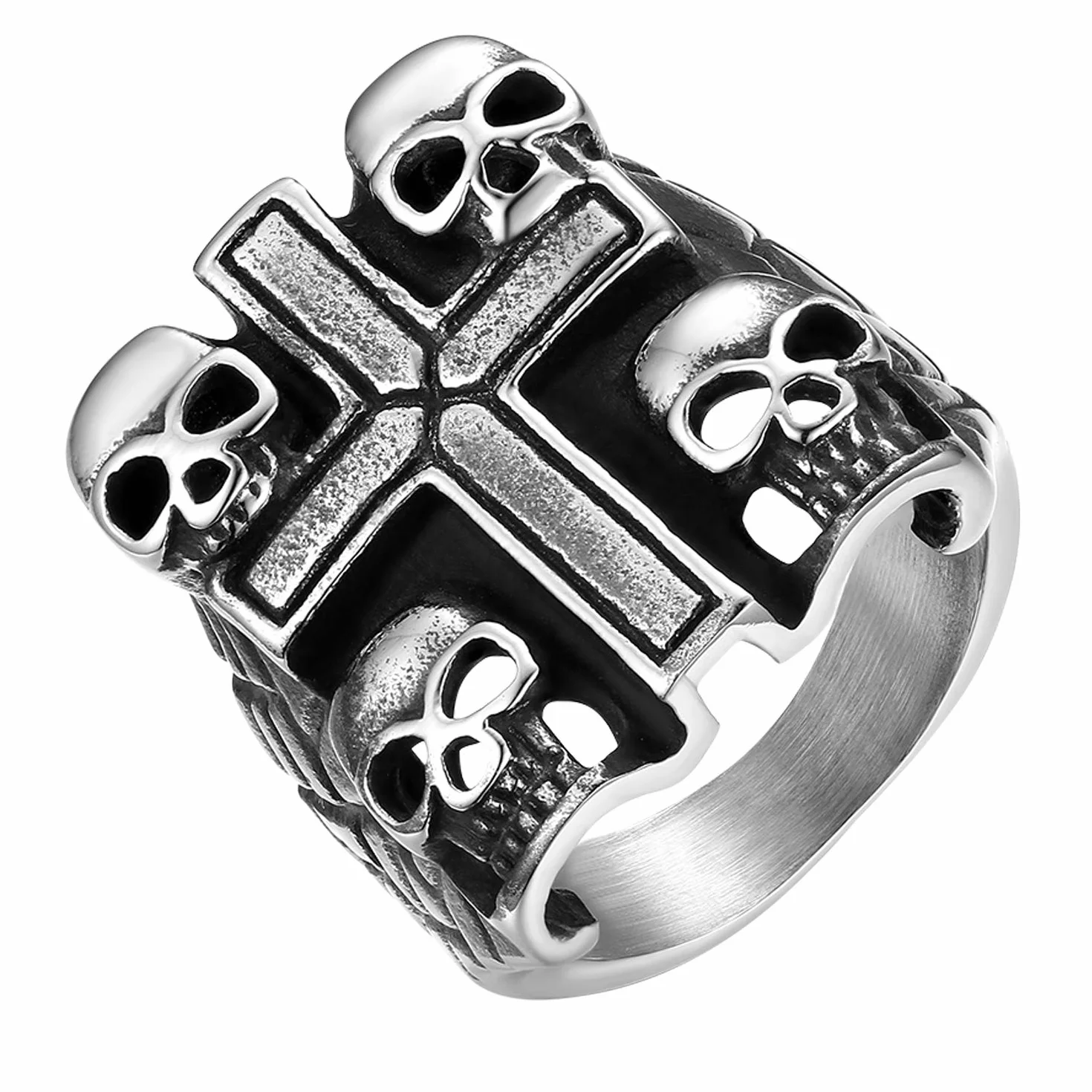 JewelryWe Retro Biker męski gotycki pierścionek z czaszką ze stali nierdzewnej, obrączka zaręczynowa, czarna srebrna – darmowa aksamitna torba na prezent