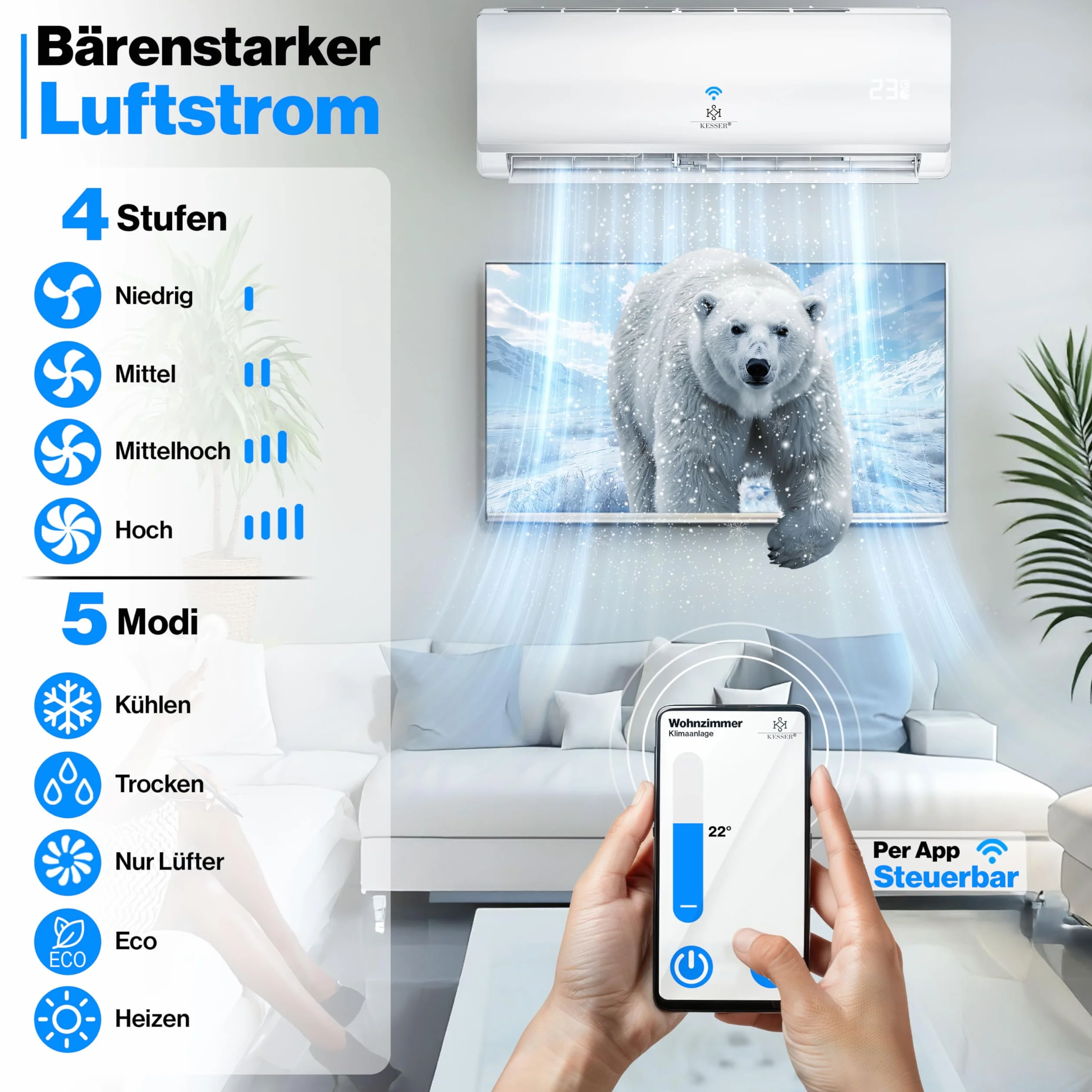 KESSER Zestaw klimatyzacji Split – z funkcją WiFi / aplikacji – chłodzenie A++/ ogrzewanie A+ – 9000 BTU/h (2600 W), bardzo cichy, czynnik chłodniczy R32 – pilot zdalnego sterowania, funkcja timera