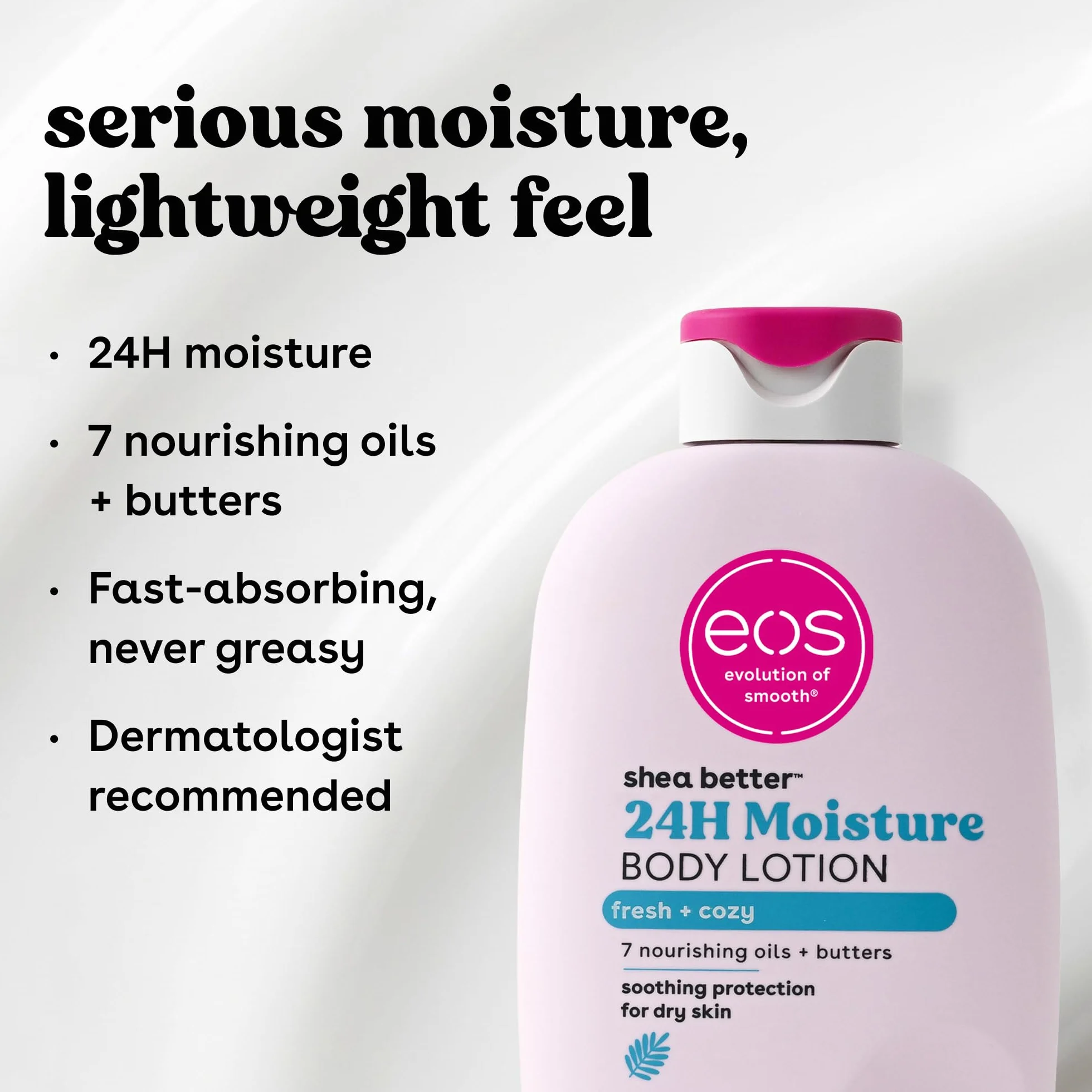 eos Shea Better balsam do ciała - Fresh & Cozy, nawilżający balsam do pielęgnacji skóry 24-godzinnej, lekki i nietłusty, wyprodukowany z naturalnej Shea, wegański, 473 ml
