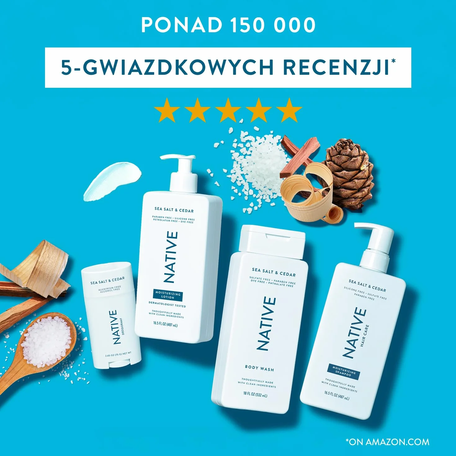 Native Żel pod prysznic i płyn do mycia ciała dla kobiet i mężczyzn, bez siarczanów i barwników, mydło do ciała o zapachu soli i cedru, delikatnie oczyszcza składnikami roślinnymi (1000 ml)