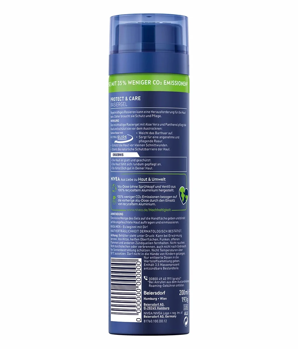 NIVEA MEN Protect & Care żel do golenia (200 ml), ochrona i pielęgnacja dla delikatnego golenia, przyjazny dla skóry żel do golenia dla mężczyzn z aloesem i pantenolem