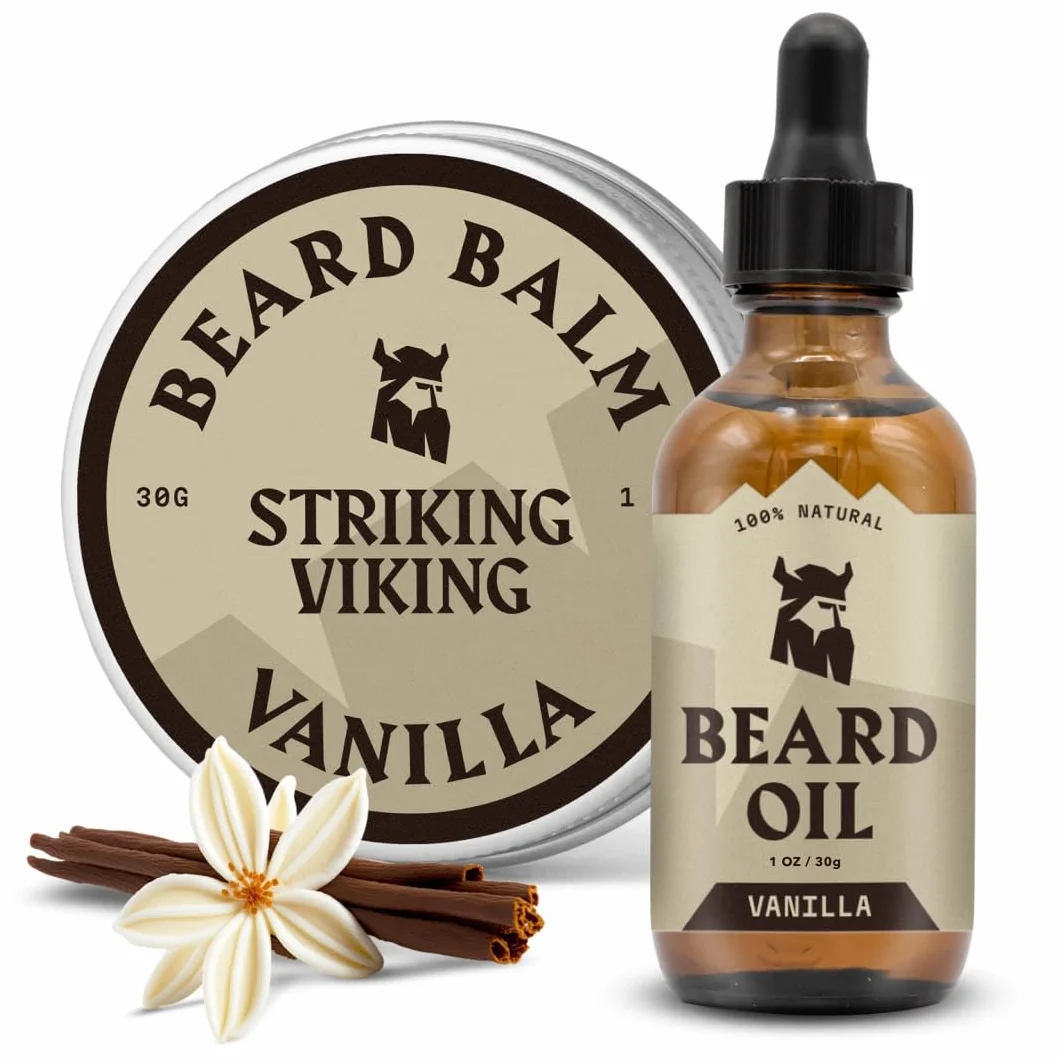 Striking Viking Beard Oil and Balm - Leave in Beard Conditioner - Tames, Styles, Softens, Moisturizes Beards and Mustache - Made with All Natural and Organic Argan and Jojobo, Olejki waniliowe