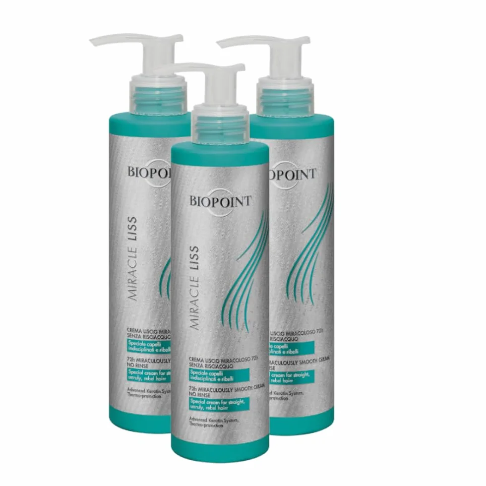 Biopoint Miracle Liss płynny krem do włosów bez spłukiwania 72 h, bardzo płynny, odżywiający i dyscyplinujący efekt puszenia się, 3 x 200 ml
