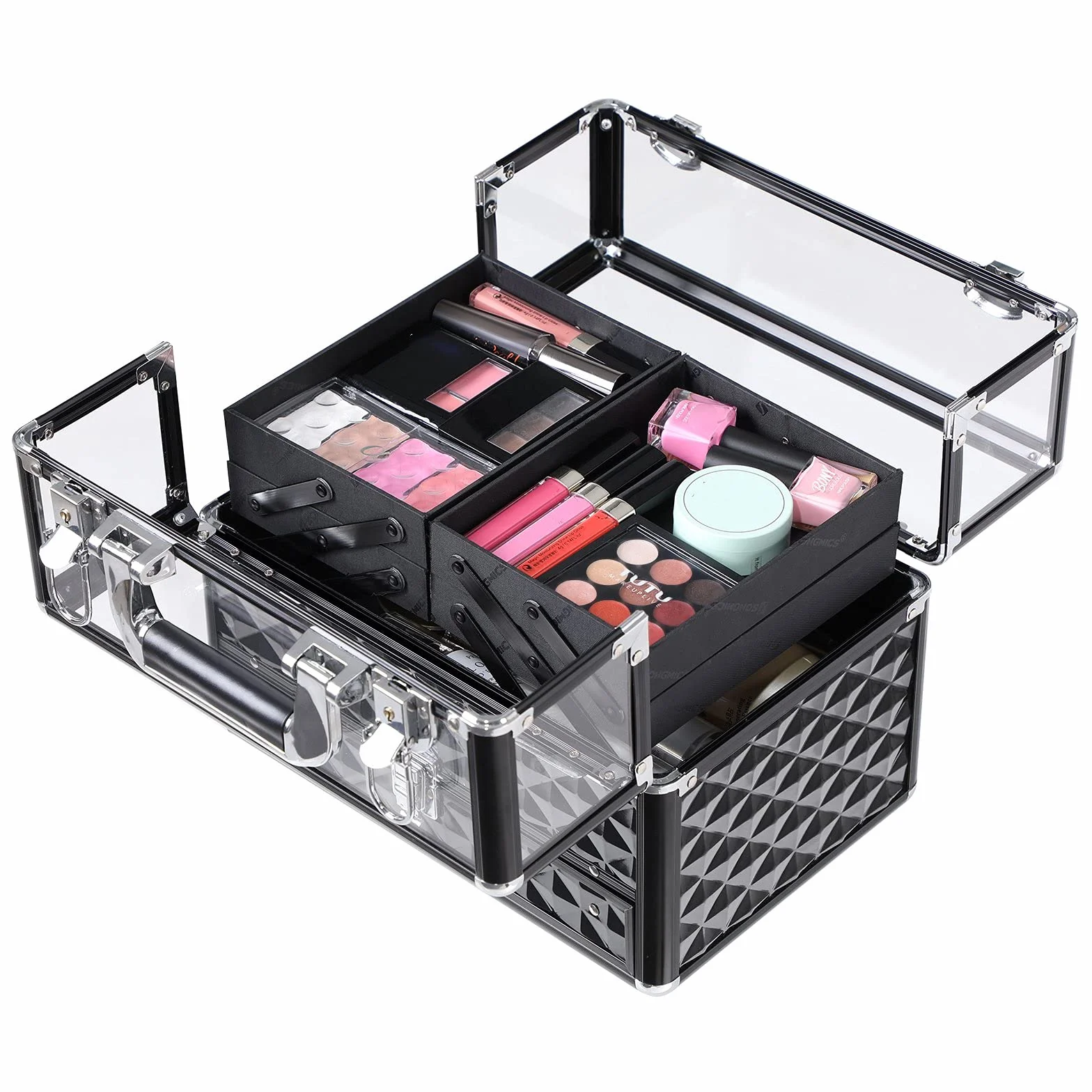 SONGMICS Deluxe etui na kosmetyki kosmetyczne, organizer kosmetyczny, do użytku profesjonalnego artysty, etui kolejowe z przezroczystą akrylową pokrywką i wysuwaną tacą, czarne JBC318B, czarny, 30
