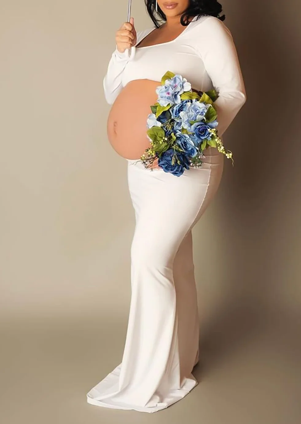 Damska sukienka ciążowa z długim rękawem, rozciągliwa, z mikrofibry, na baby shower, sesja zdjęciowa