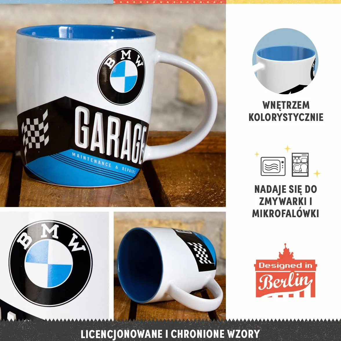 Nostalgic-Art Retro kubek, 330 ml, BMW – Garage – Pomysł na prezent dla miłośników akcesoriów BMW, Official License Product (OLP), kubek ceramiczny na kawę, Styl vintage