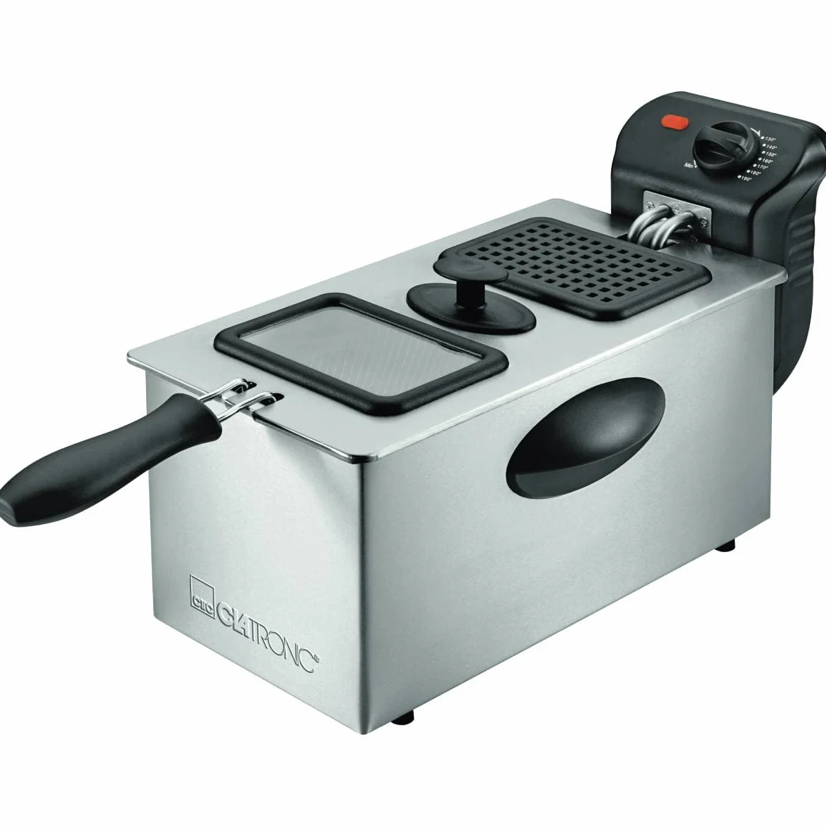Clatronic Frytkownica ze stali nierdzewnej FR 3587, pojemność 3 l, 2000 W, bezstopniowo regulowany termostat, izolowane termicznie uchwyty do noszenia, łatwe czyszczenie, stal nierdzewna/czarna
