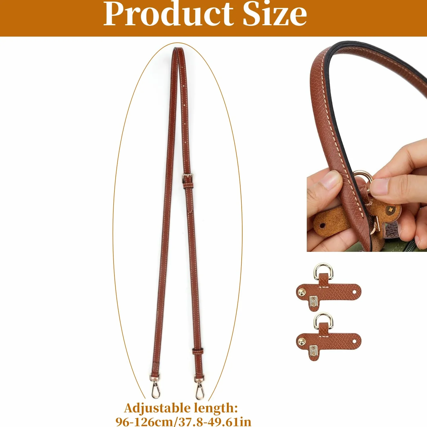 Skórzany pasek na ramię do torebki Longchamp, pasek na ramię do Longchamp, brązowy, mini Bag Straps z 2 adapterami na ramię, zapasowy pasek ze skóry (1,2 cm), żółto-brązowy