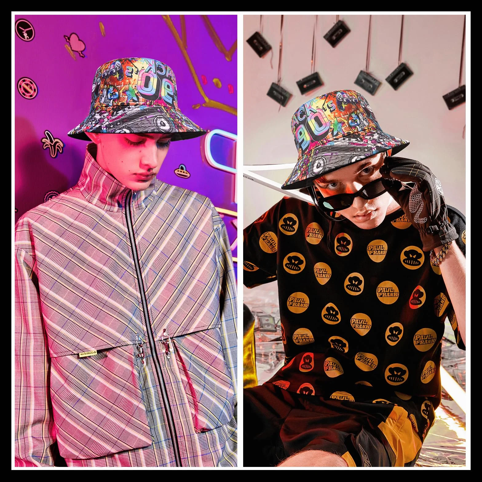 YAMEIZE Styl retro lata 80. letni kapelusz typu bucket dla kobiet mężczyzn nastolatków vintage dwustronny kapelusz rybacki słońce na zewnątrz