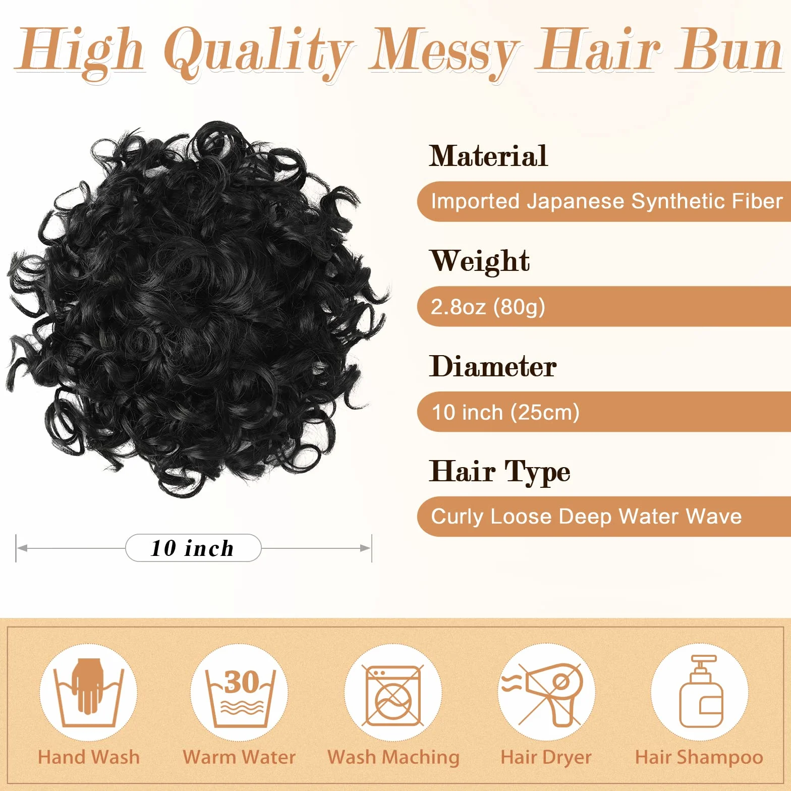 RUWISS Messy Bun krótkie kręcone przedłużenie końskiego ogona, elastyczny ściągacz, luźne włosy, treska dla kobiet, updo (80 g, naturalnie czarne)