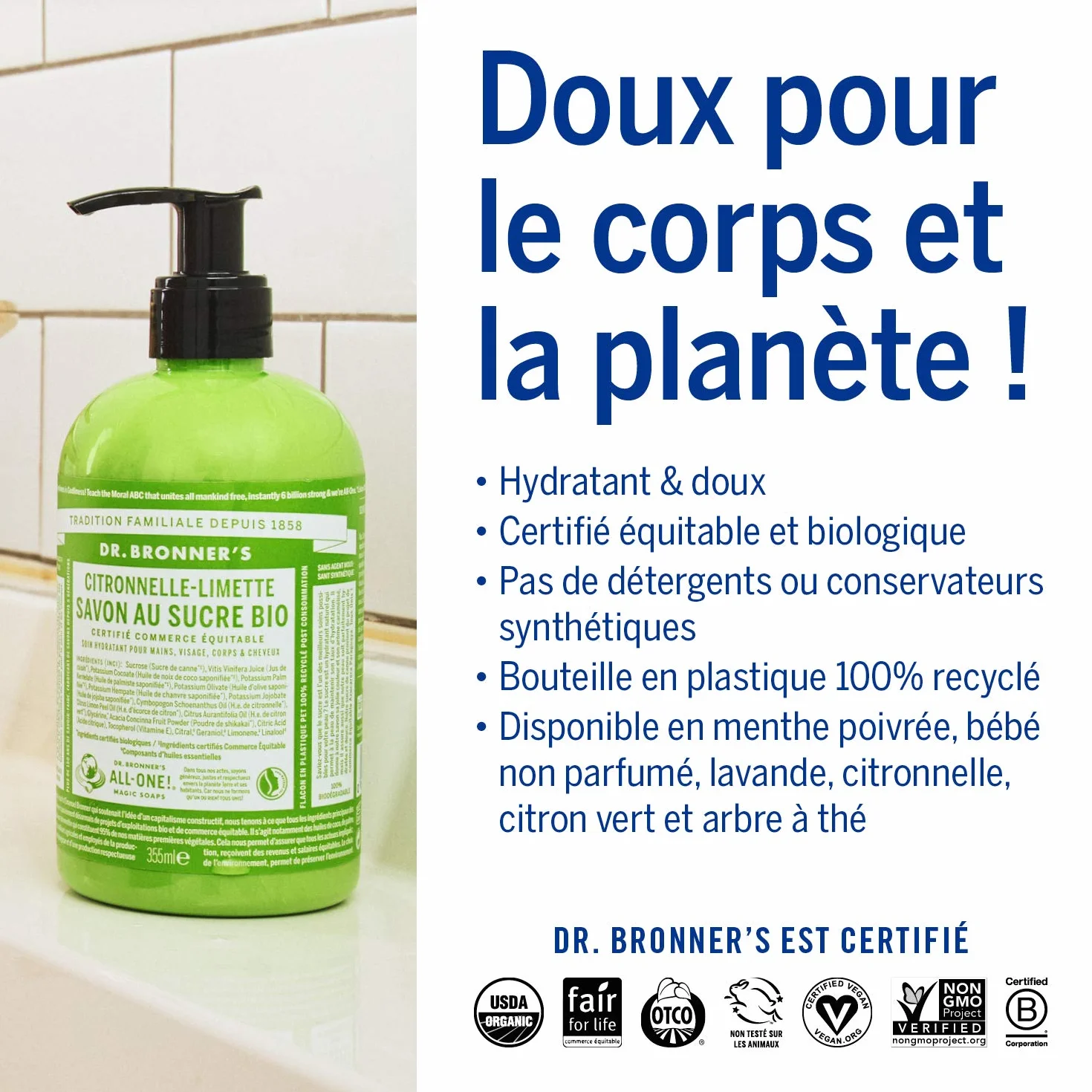 Dr.Bronner's Savon pur végétal Citronnelle Citron Vert 355 ml
