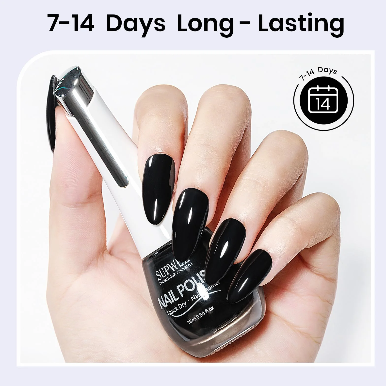 SUPWEE Lakier do paznokci, czarny, 16 ml, szybkoschnący, długo utrzymujący się czarny lakier bez lampy UV Oil Based Black Nail Polish do manicure w domu