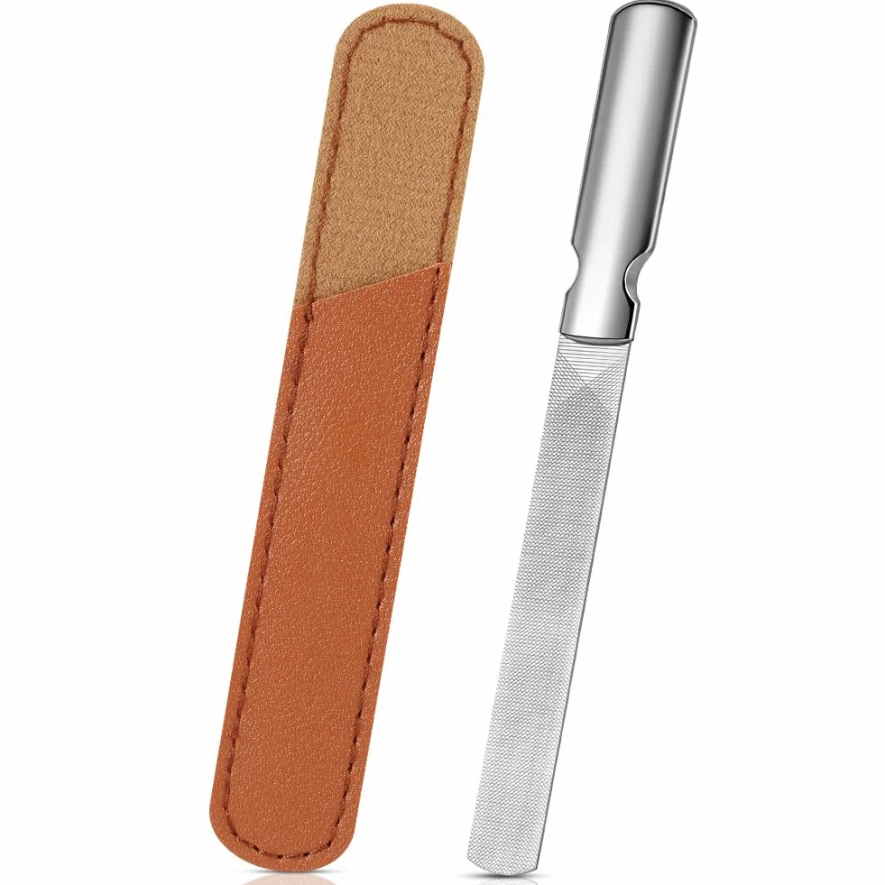 AUYAO 2 szt. Profesjonalny pilnik do paznokci ze stali nierdzewnej z etui z prawdziwej skóry, dwustronne pilniki do polerowania paznokci, trymer do paznokci z antypoślizgowym uchwytem, narzędzie do