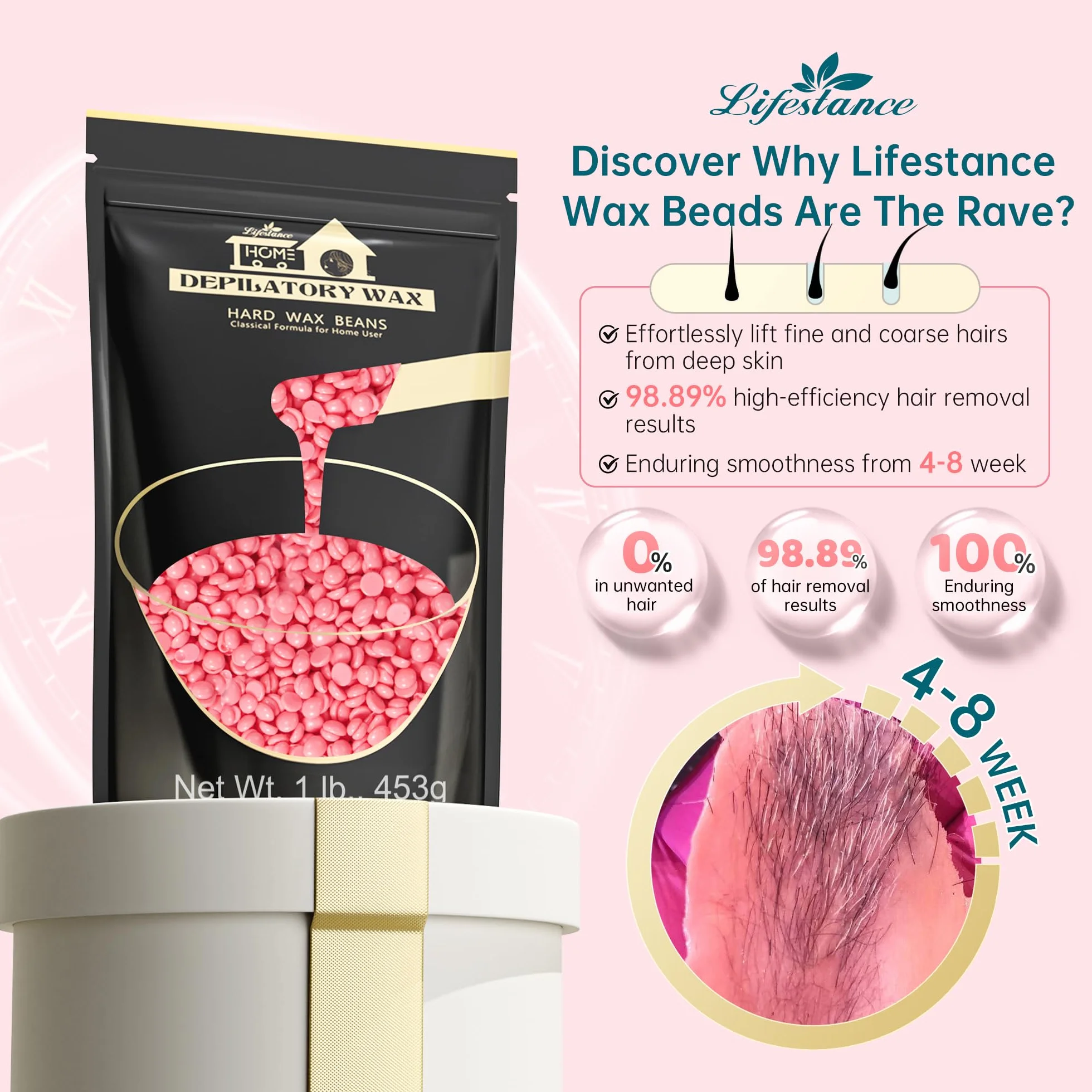 Lifestance Koraliki woskowe, 450 g, różowe koraliki woskowe, brazylijski wosk bikini z 10 aplikatorami, koraliki woskowe bez pasków do twarzy, górnej wargi, nóg, brwi do delikatnego usuwania włosów.