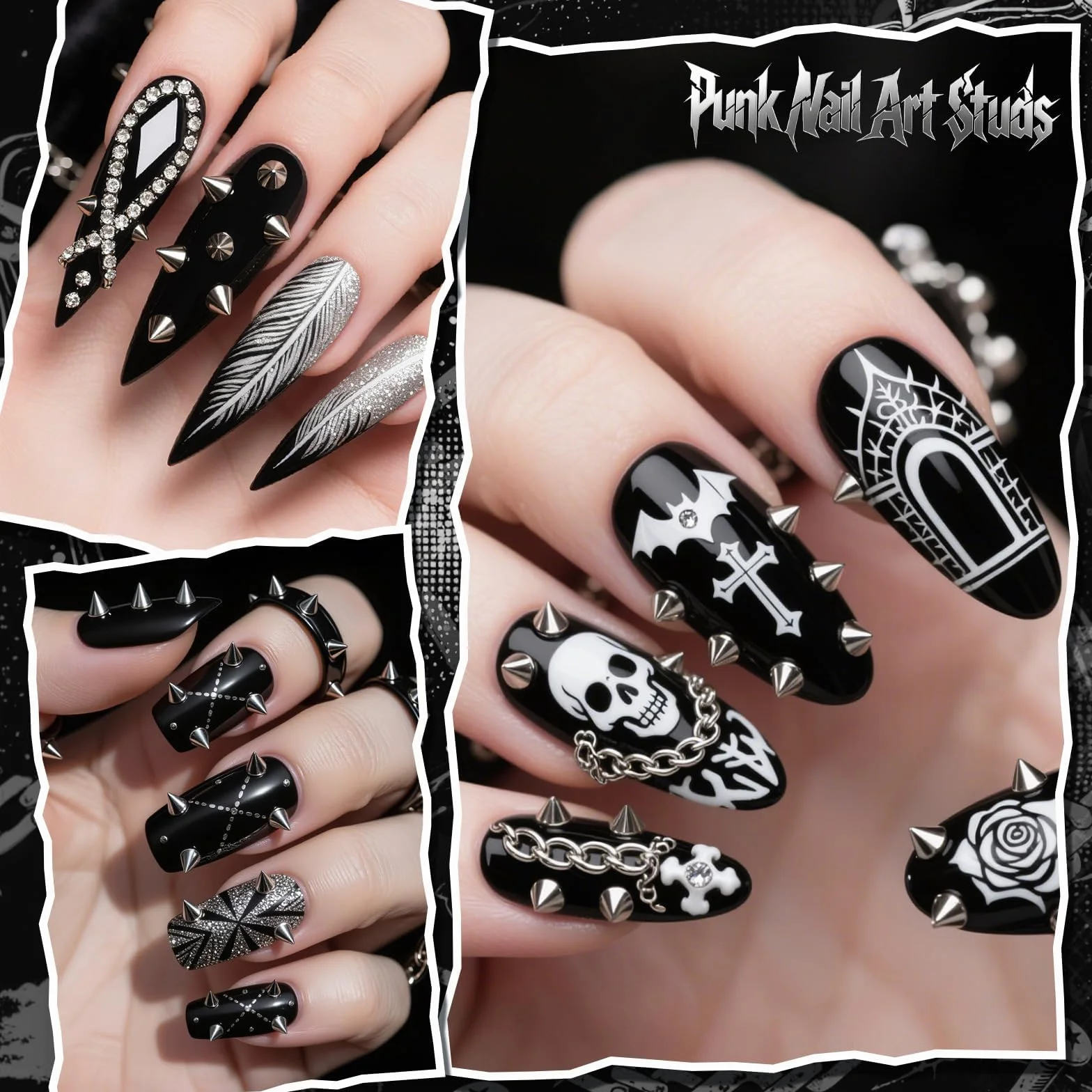 12 pudełek gotyckich zawieszek do paznokci, mini kolce do paznokci, punkowe ćwieki, styl wiktoriański i Halloween, manicure, dekoracje do paznokci, płaskie, metaliczne kolce 3D