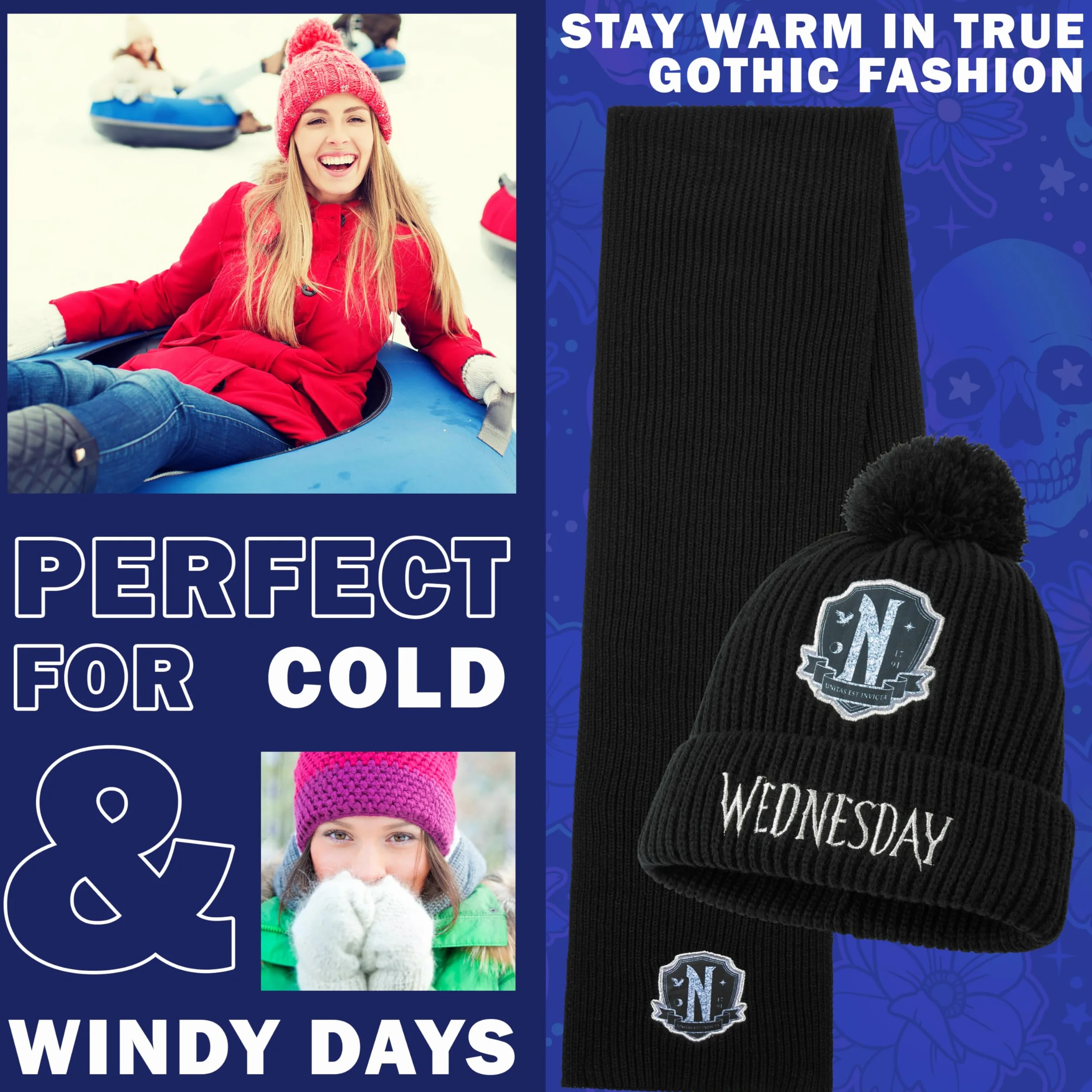 Wednesday Zestaw akcesoriów zimowych z zimową czapką beanie dla dziewczynek i nastolatków 6-14 lat, 3-częściowy ciepły szal i rękawiczki z dzianin, gotyckie prezenty dla dziewczynek