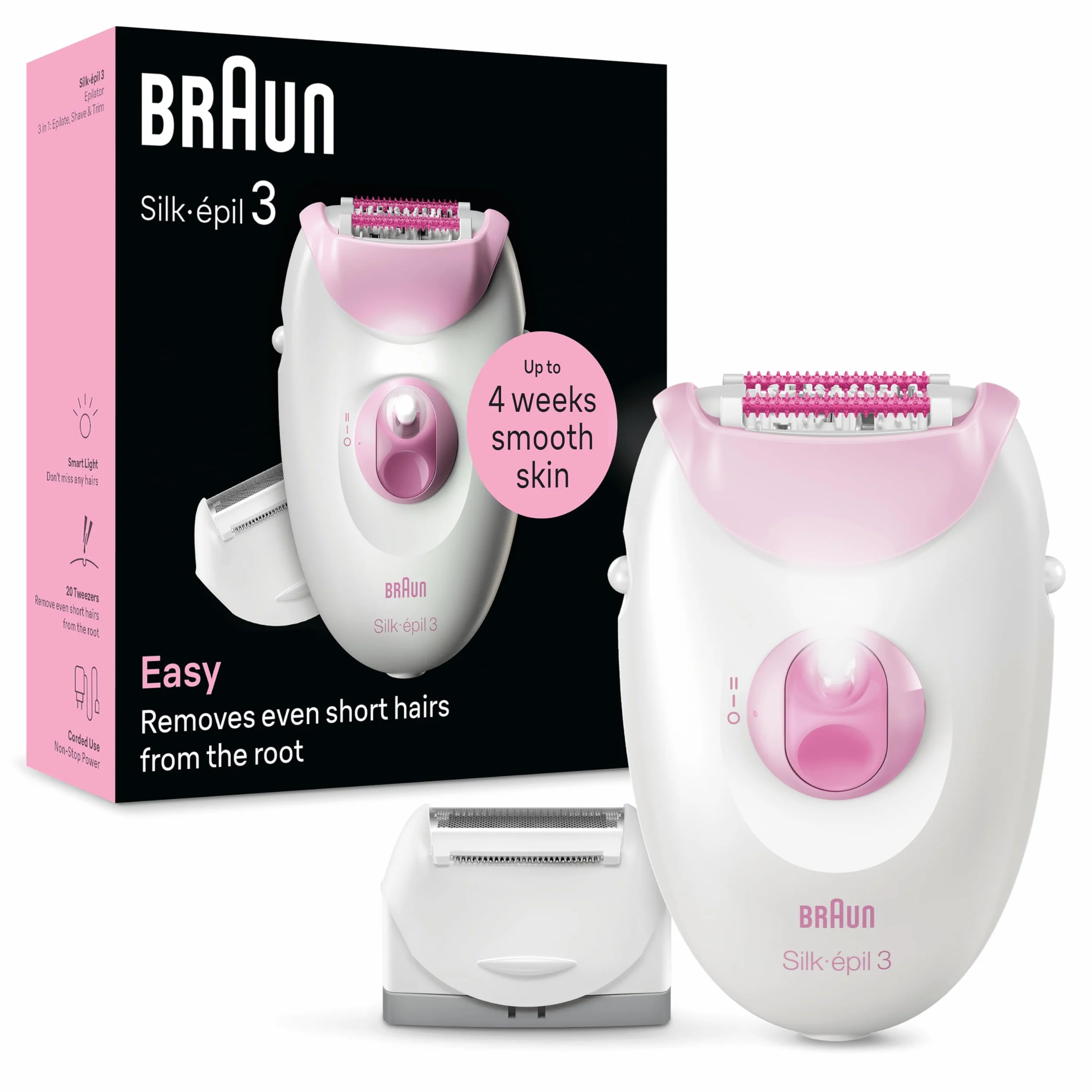 Braun Silk-épil 3, przewodowy depilator All-in-One: depilator, golarka, trymer/damski depilator do jedwabiście gładkiej skóry, wyprodukowano w Niemczech, 3-031, różowy
