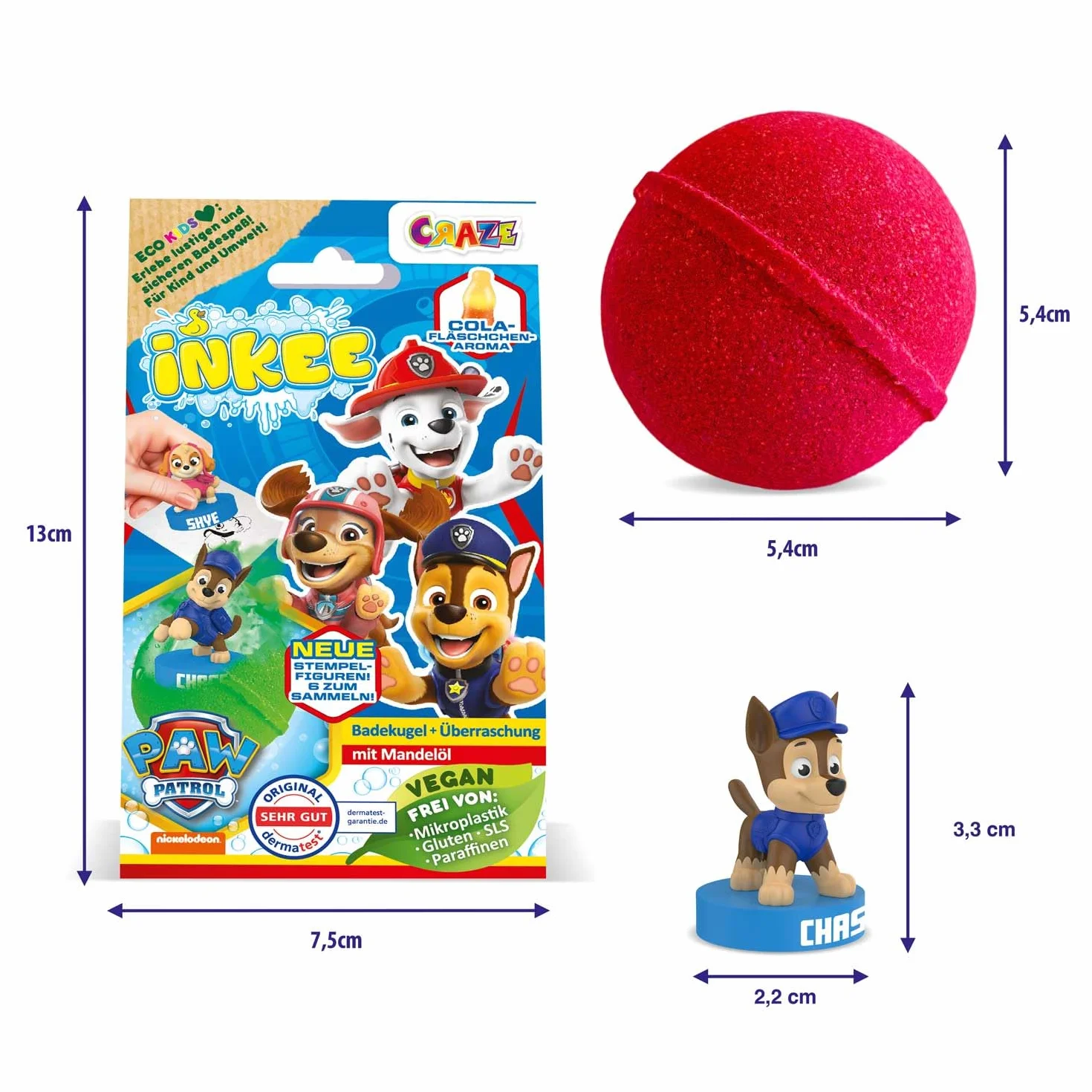 INKEE Psi Patrol Zestaw 3 Bomb Kąpielowych z Figurkami Paw Patrol, Musujące Kule dla Dzieci z Niespodzianką, Zapach Gumy Coli, 3szt