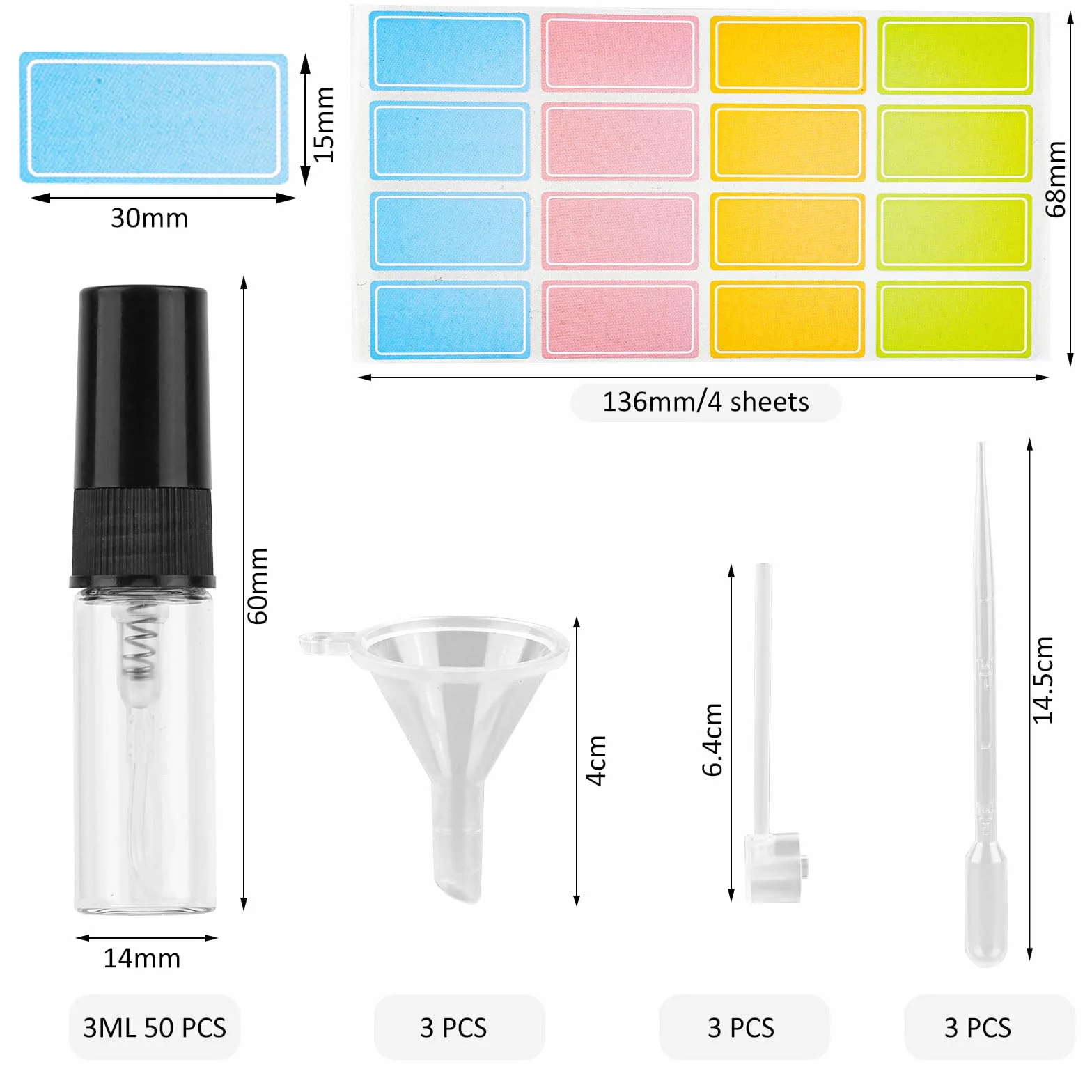 RVLZKCPG 50 sztuk mini rozpylaczy do perfum na podróże, 3 ml, wielokrotnego napełniania, z 3 pipetami, 3 lejkami, 3 dozownikami i 4 arkuszami etykiet do podróży i kempingu