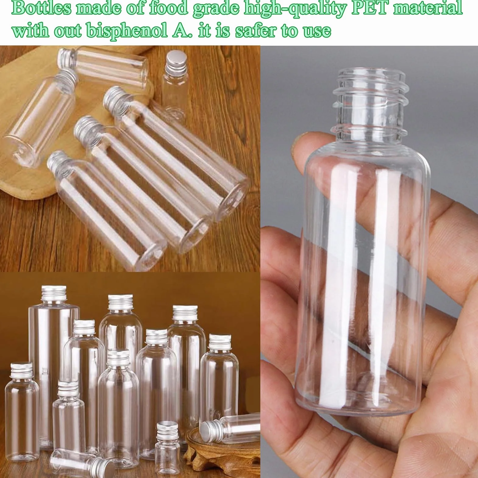 Mini butelki na alkohol 100 ml ze srebrnymi zakrętkami, pojemniki na sos wielokrotnego użytku, lejek w zestawie - na imprezy i wesela (100 ml)