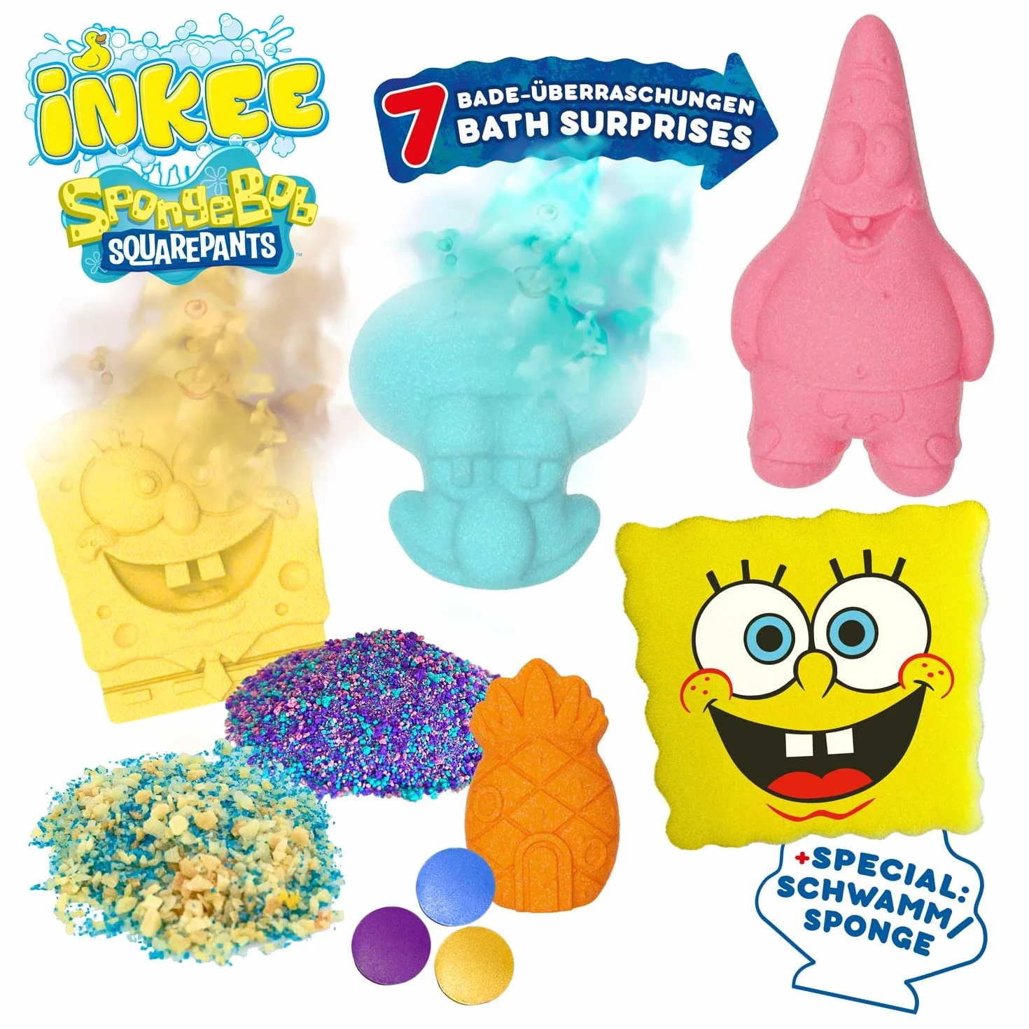 INKEE Zestaw Prezentowy SpongeBob Zestaw do Kąpieli 7 Dodatków, Kule i Sól do Kąpieli dla Dzieci z Olejem Awokado + Akcesoria – Zabawka od 3 Lat