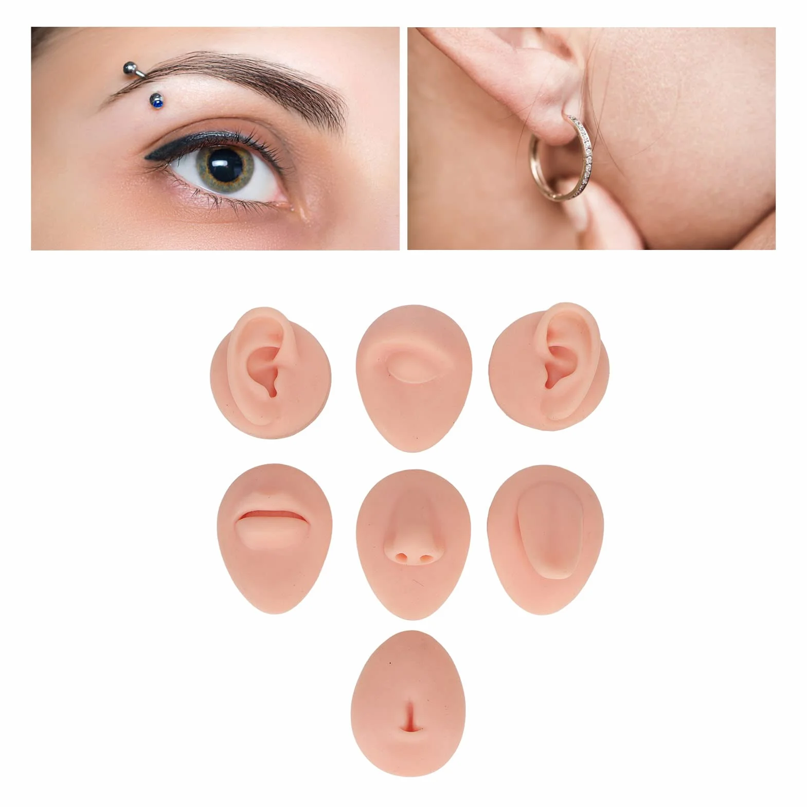 Body Piercing Praktyka Model Symulacja Silikonowe Ucho Oko Nos Usta Język i Pępek Model dla Nowicjusza Piercer (Jasny kolor skóry)