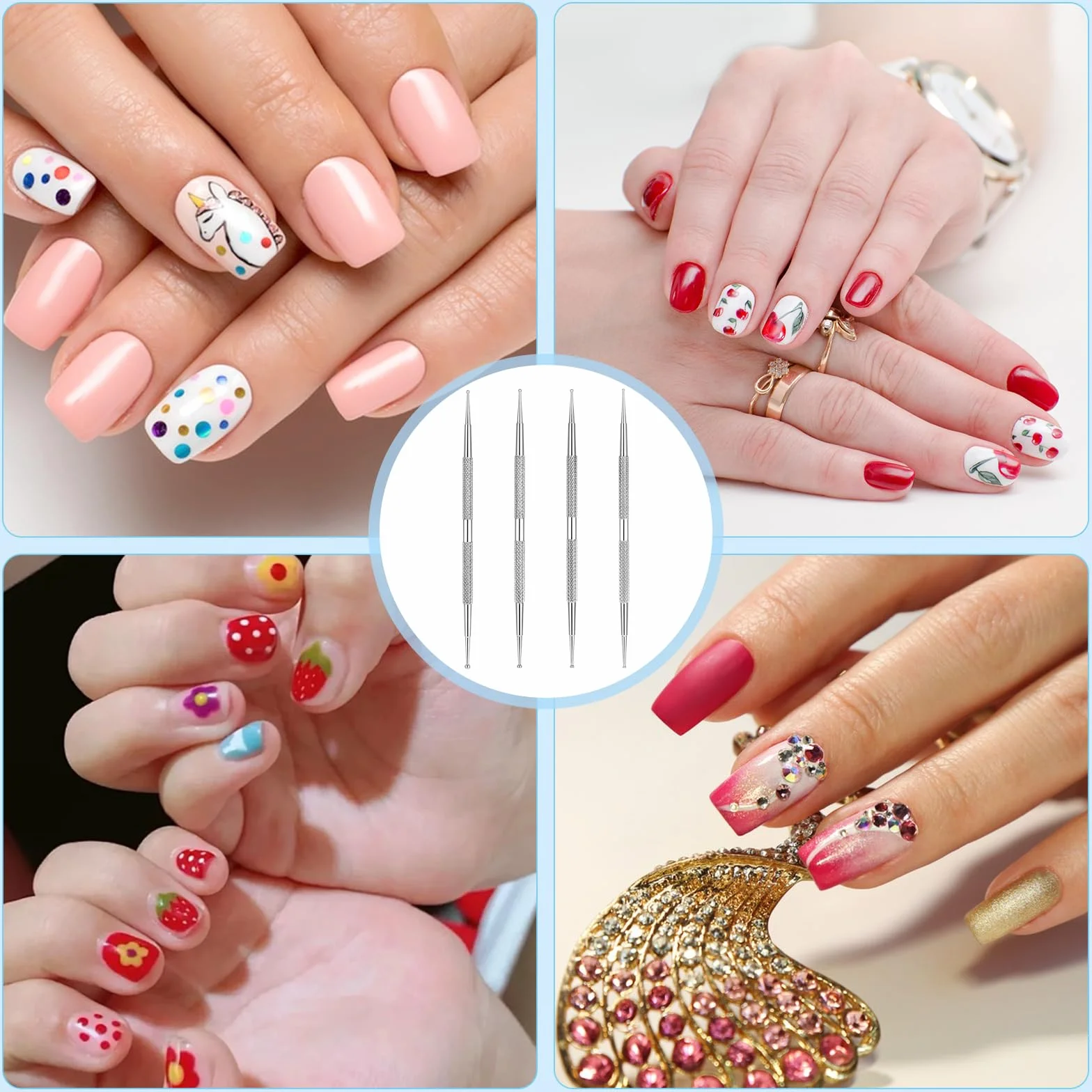 Tyqour Zestaw 4 sztuk pisaków w kropki, ze stali nierdzewnej, do malowania kropek, do manicure w kropki, wiele rozmiarów, do malowania paznokci